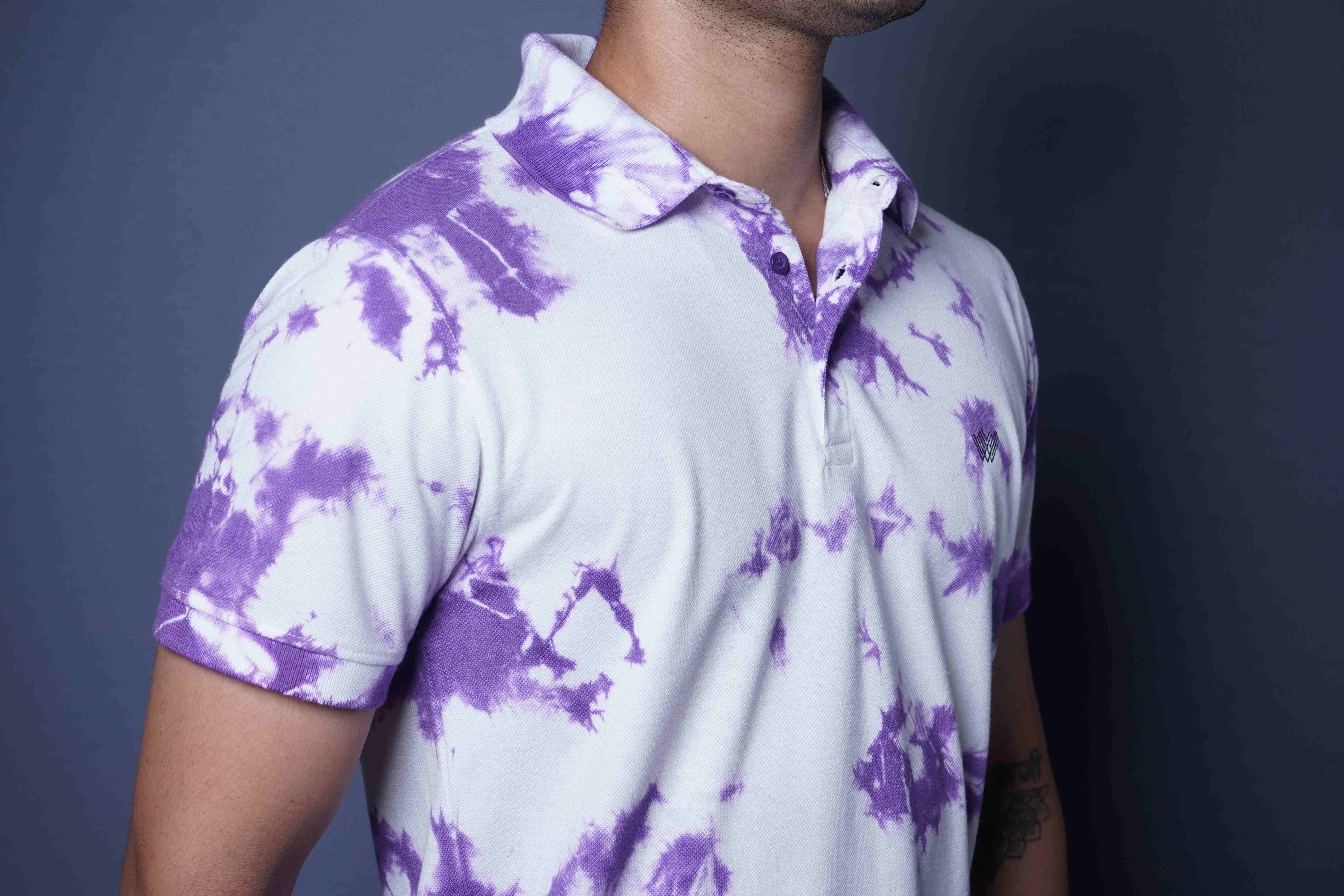 Only White Contrast Light White and Purple Polo Neck Cotton T-Shirt