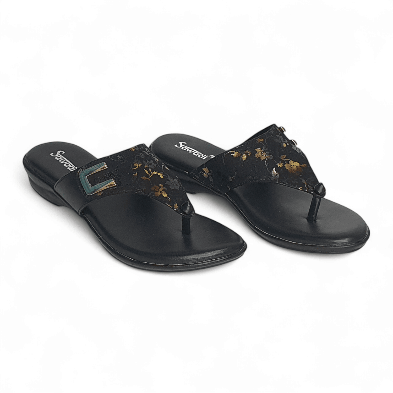 Black Floral Toe-Ring Slip-On Sandals for Women | Elegant Ethnic Flats | Sawadimart