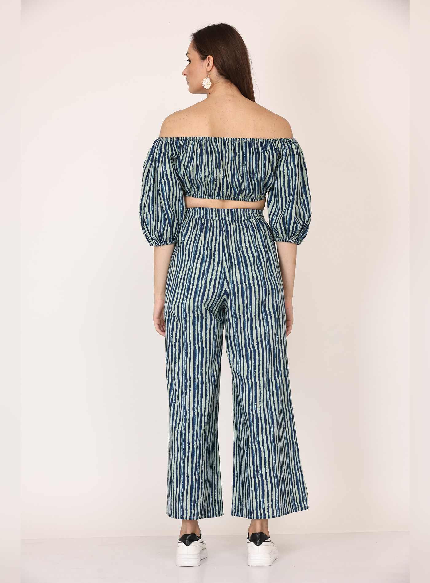 Alice18 Indigo Stripe Off-Shoulder Co-Ord Set.