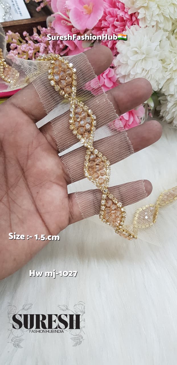 Gold Handmade Rhinestone Chain & Crystal Border on Net – M.J-1027