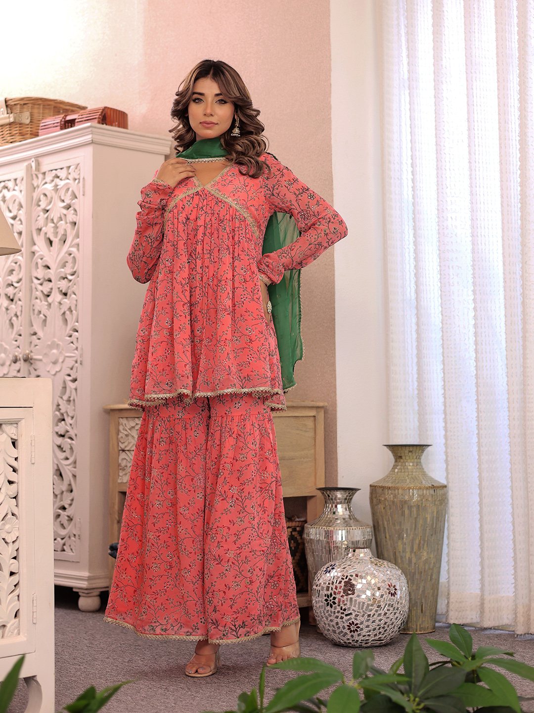 ALIA CUT PINK FLORAL EMBROIDERED KURTA WITH SHARARA & DUPATTA