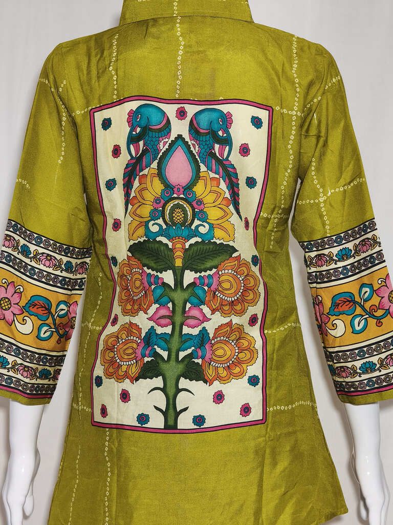 Prom Girl Women's Olive Green Cotton Straight-Cut Printed Tunic