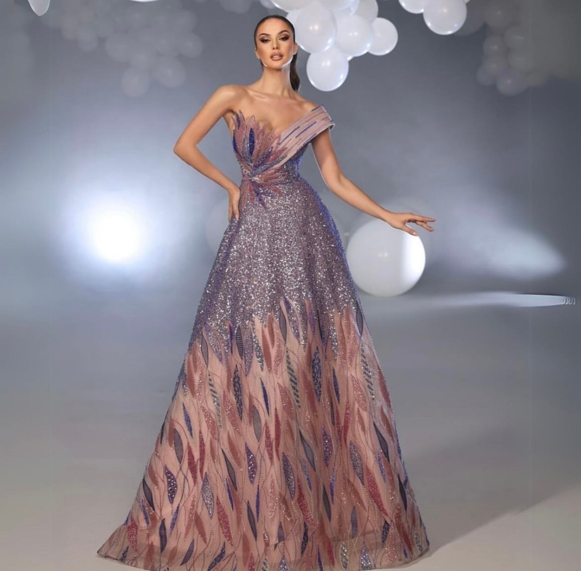 Multi coloured off shoulder flary gown