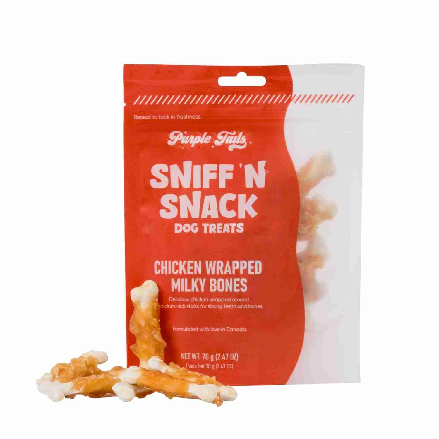 Purple Tails | Purple Tails Sniff N Snack Chicken Wrapped Milky Bones Dog Treat, 70 g