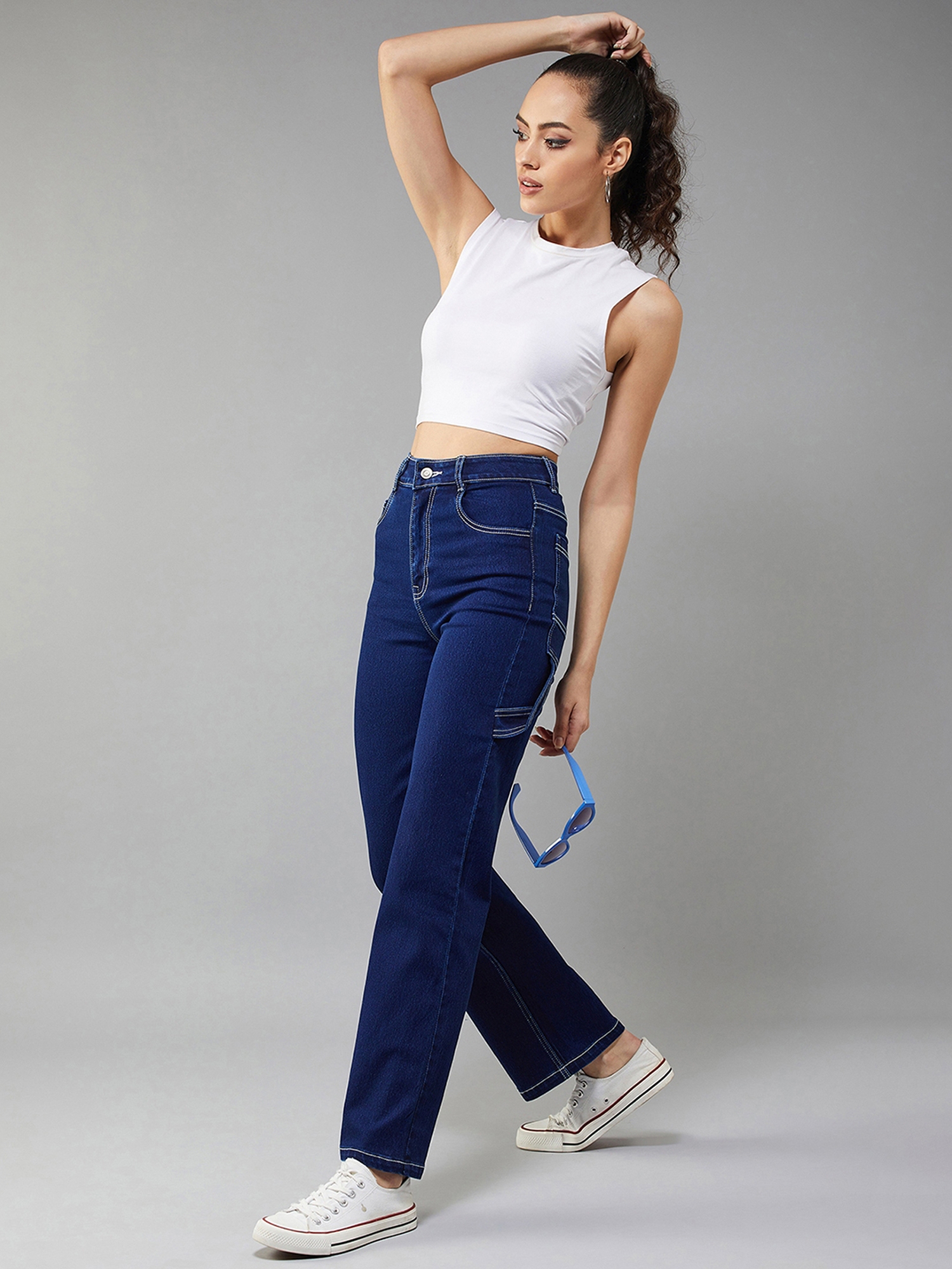 Women's Navy Blue Wide leg High rise Clean look Regular Stretchable Denim Jeans