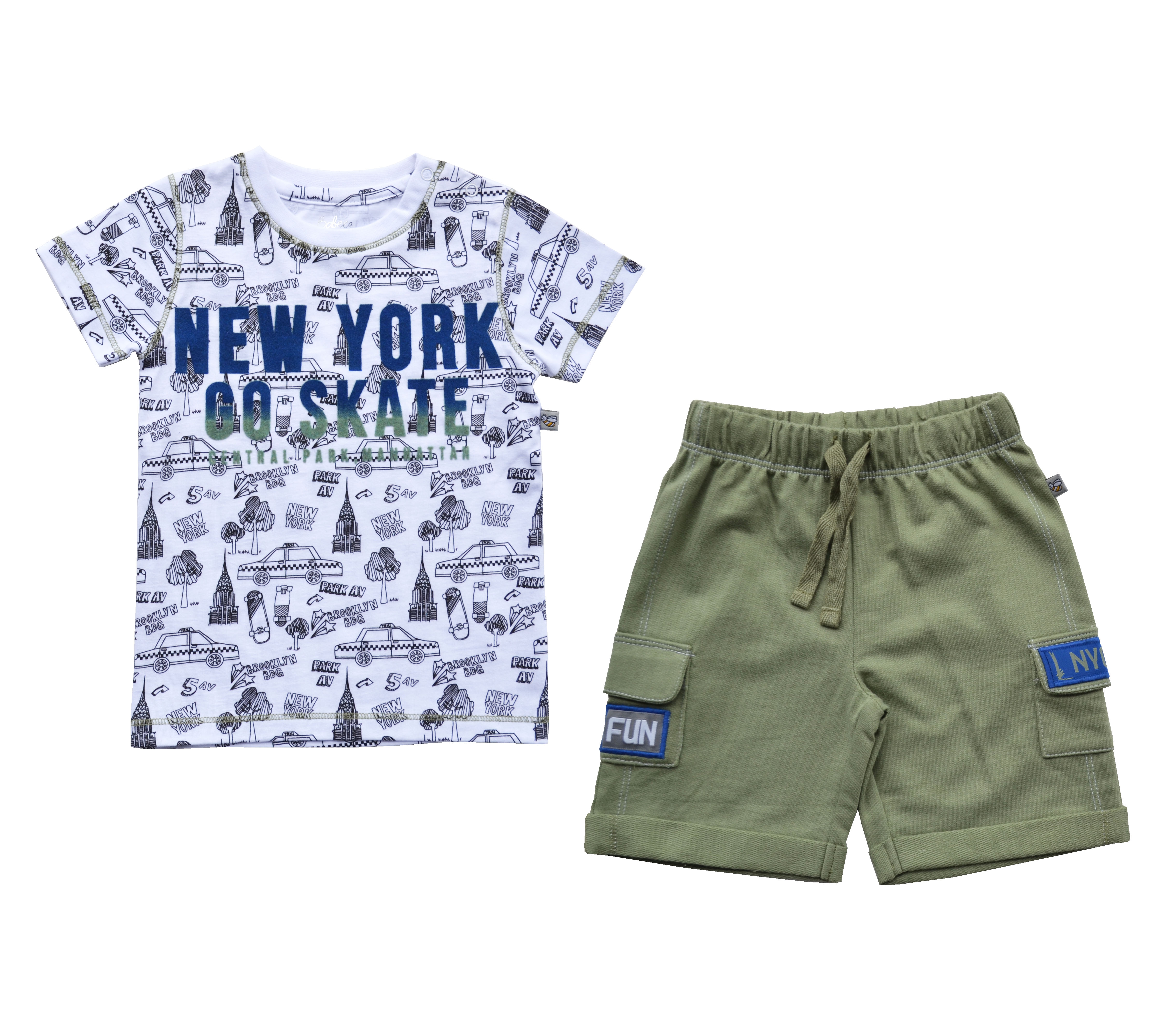 Babeez | New York Print White T-Shirt + Green Shorty Set (100% Cotton Jersey) undefined