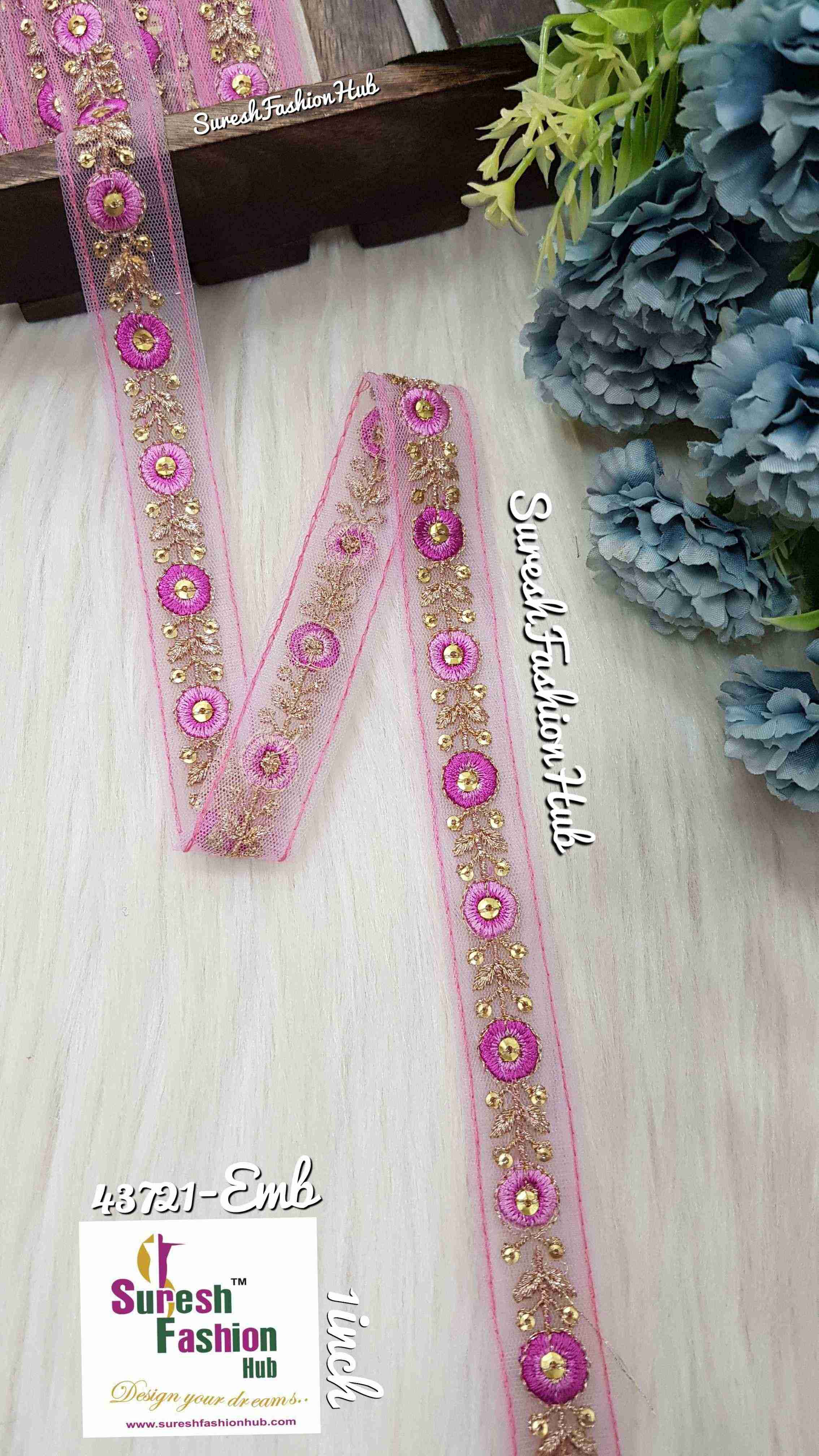 Pink Threaded  Petals with Zari Embroidered Trim