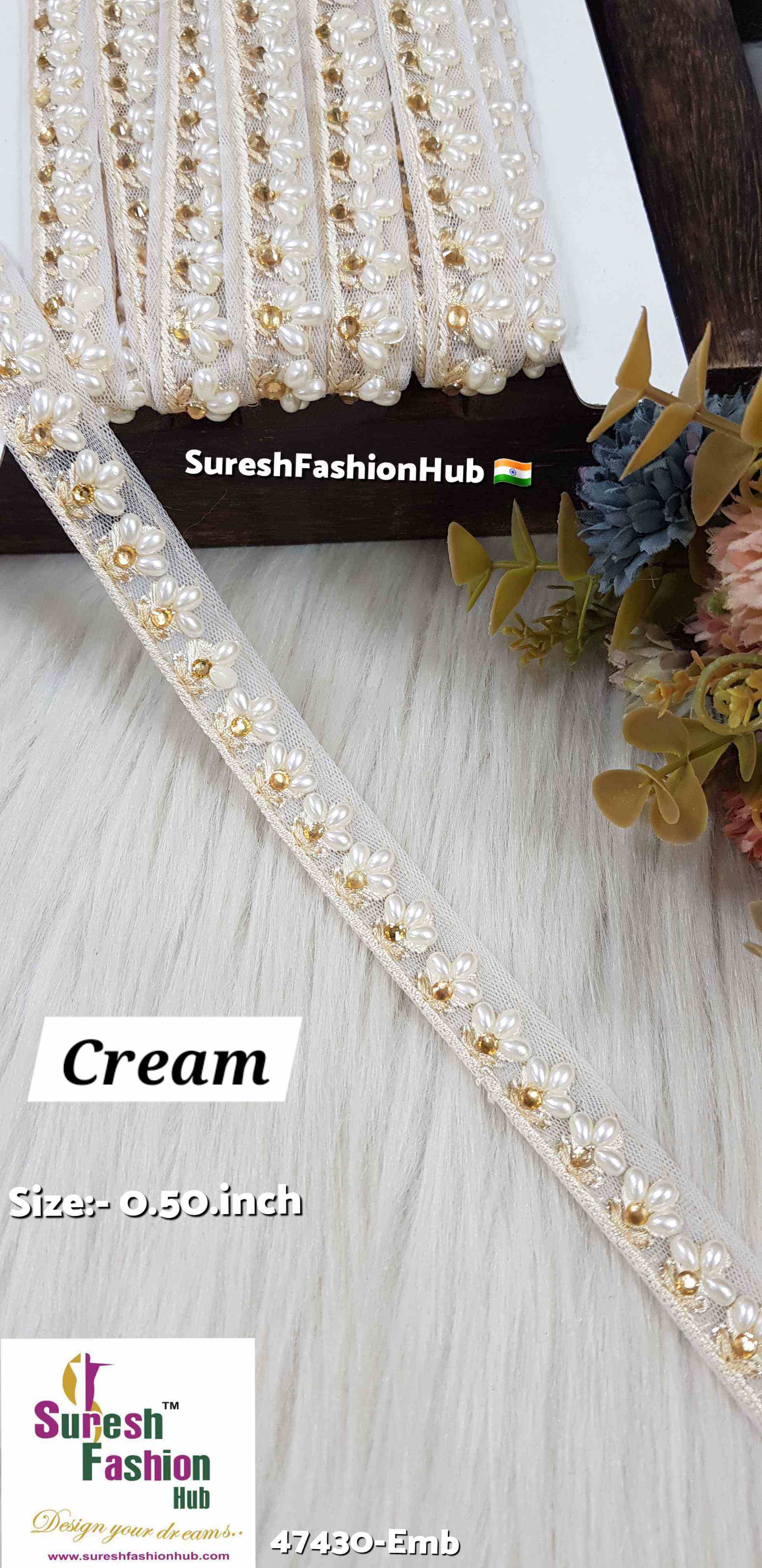 LuxeGlimmer Embroidered Trim Cream Color