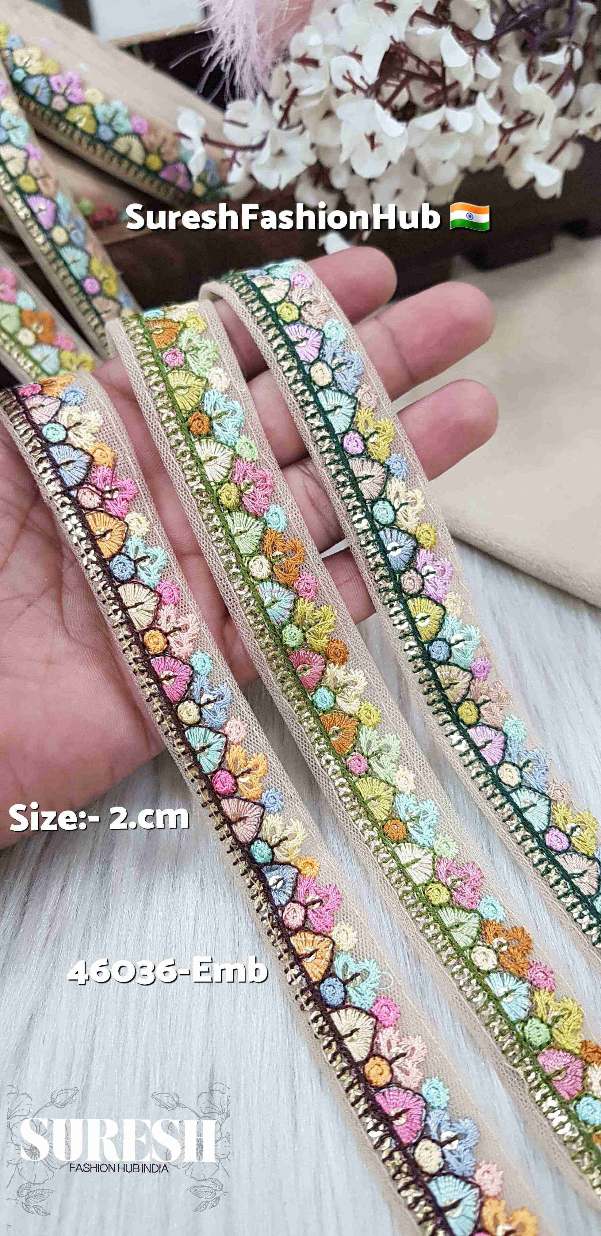 Color 3 Multi-Color Floral Embroidery Beige Net Lace