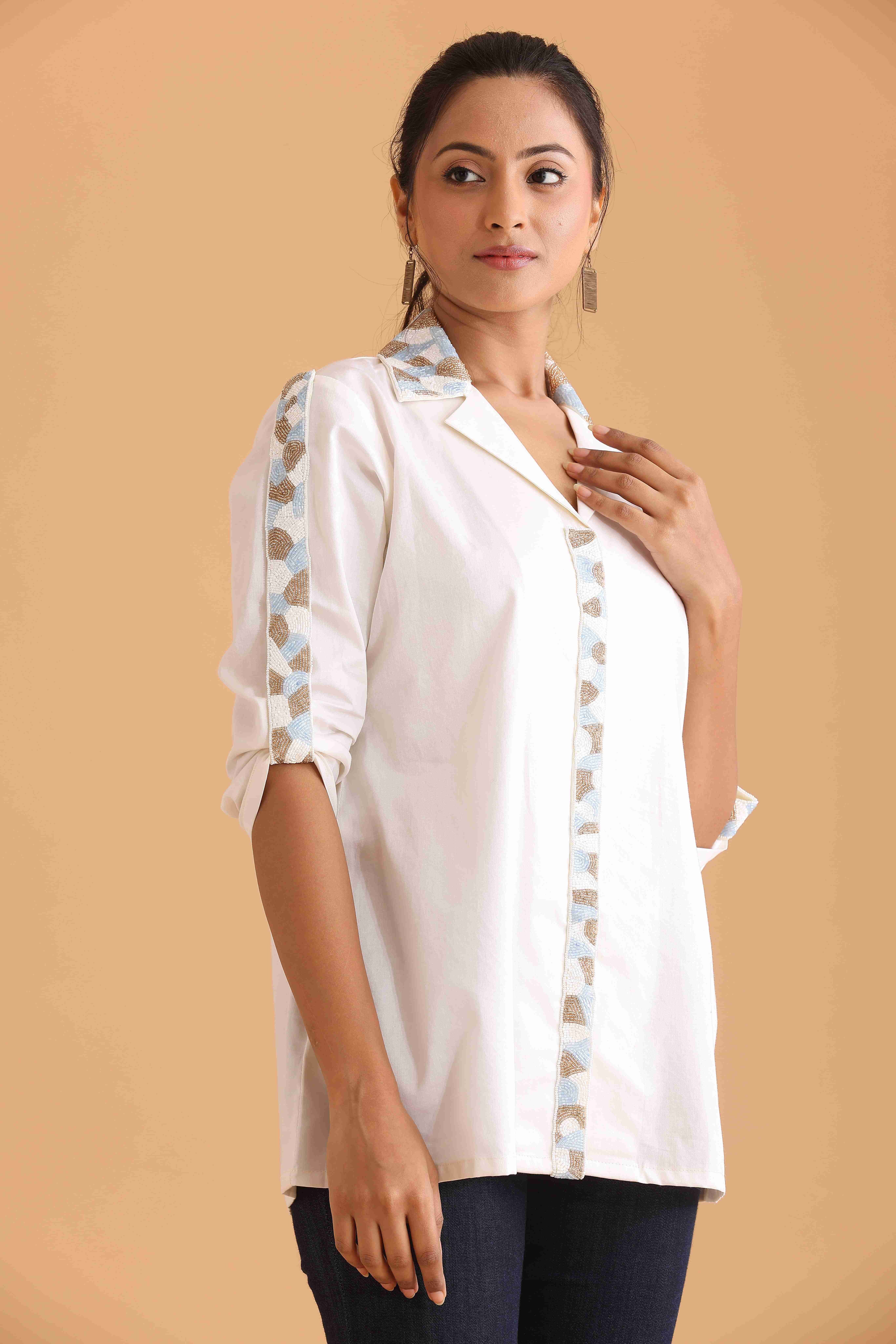 Ivory Embroidered Button-Down Shirt