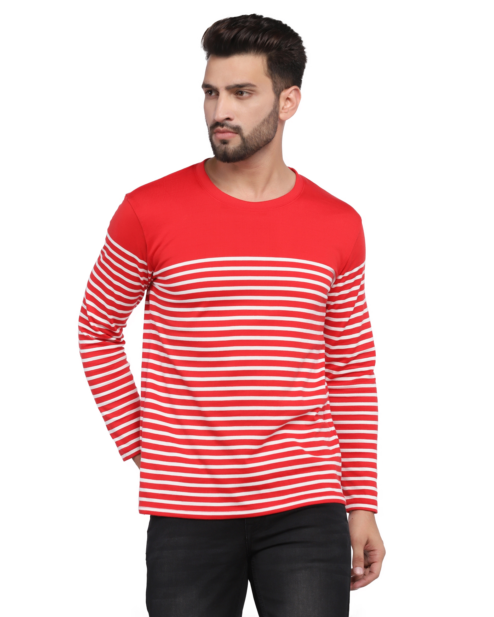 Red & White Full Sleeve Striped T-Shirt