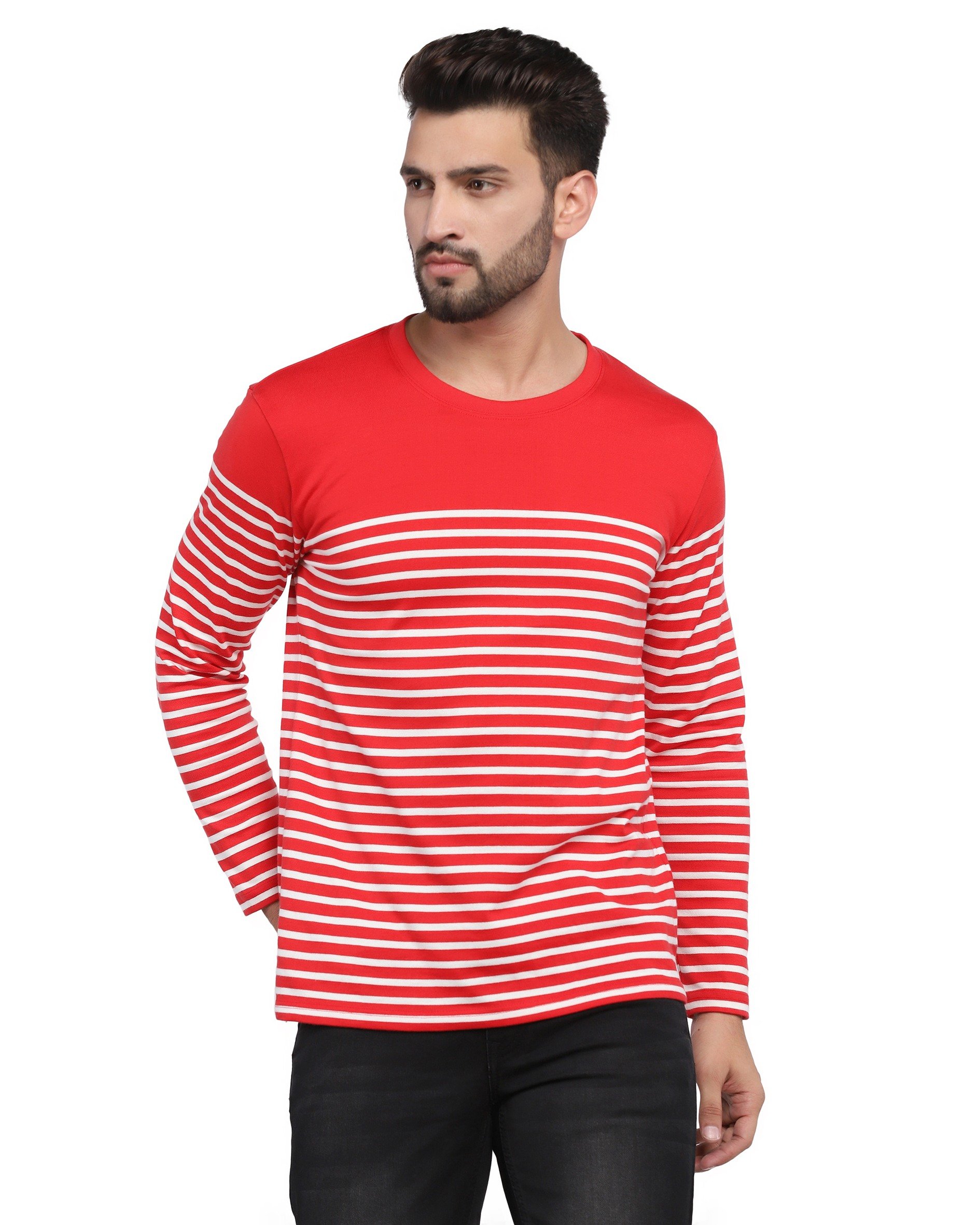 Red & White Full Sleeve Striped T-Shirt