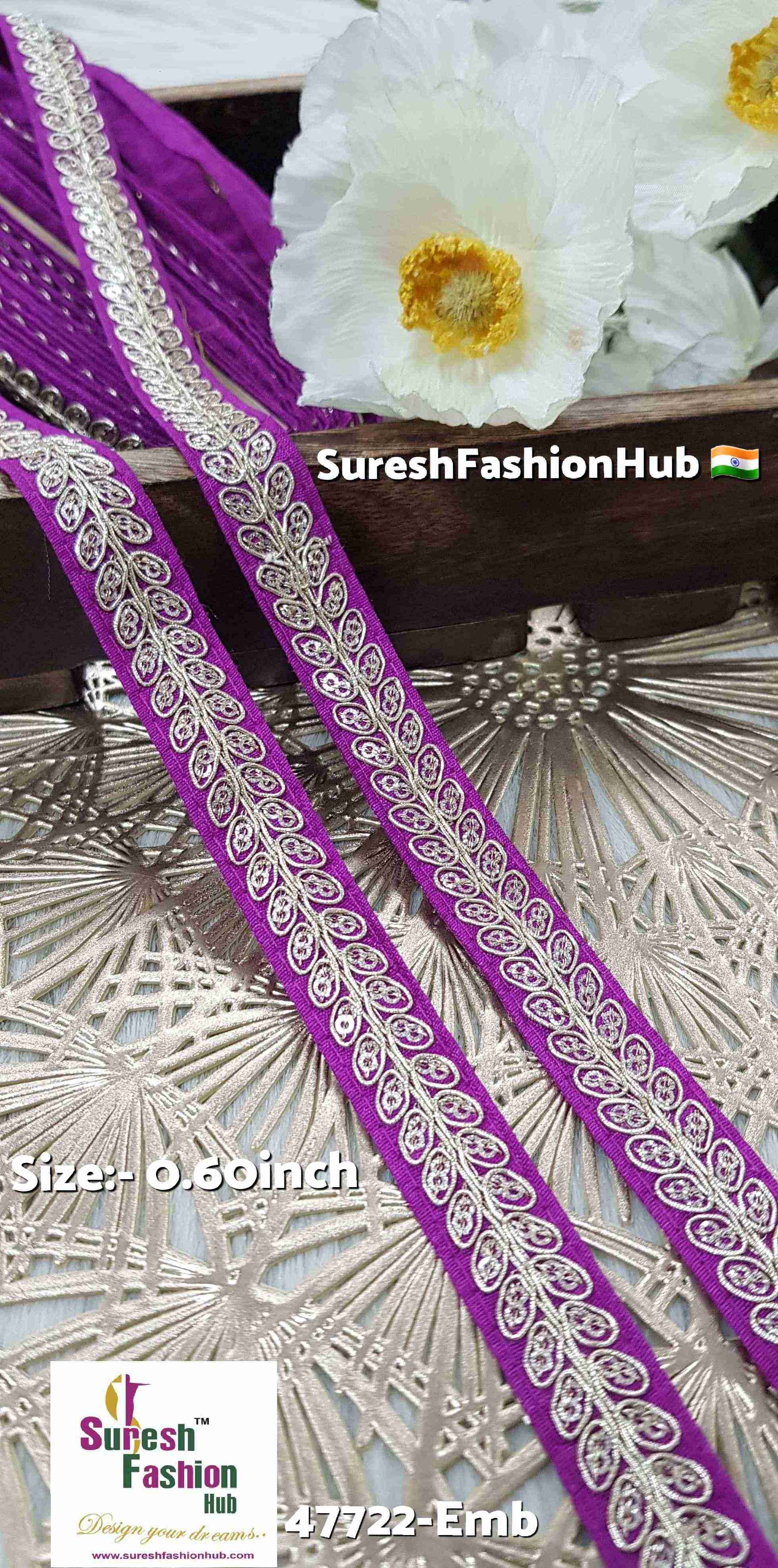 Magenta Pearl Leaf Embroidered Border