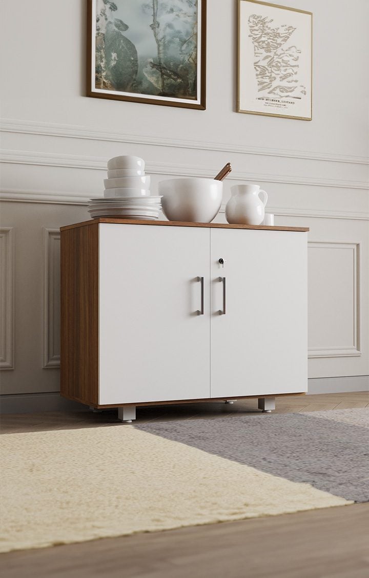 NEUDOT Ronald Filo 2 Door Cabinet - Leon Teak | 1 Year Warranty | Space & Clothes Organizer | Shelves | Kitchen Cabinet | Storage Unit | with Lock | Enginereed Wood with Key