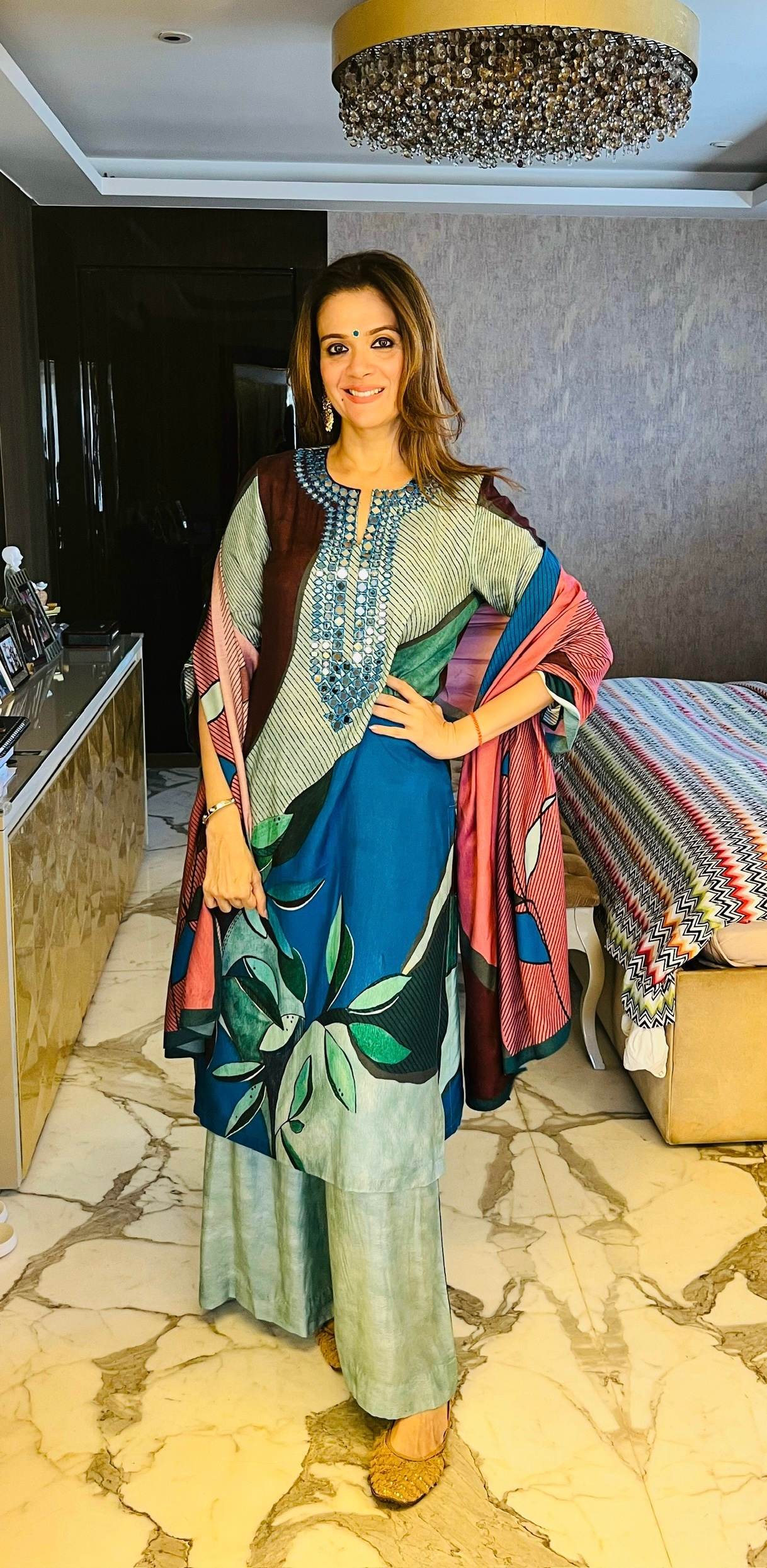 Blue printed kurta set with coordinated printed dupatta