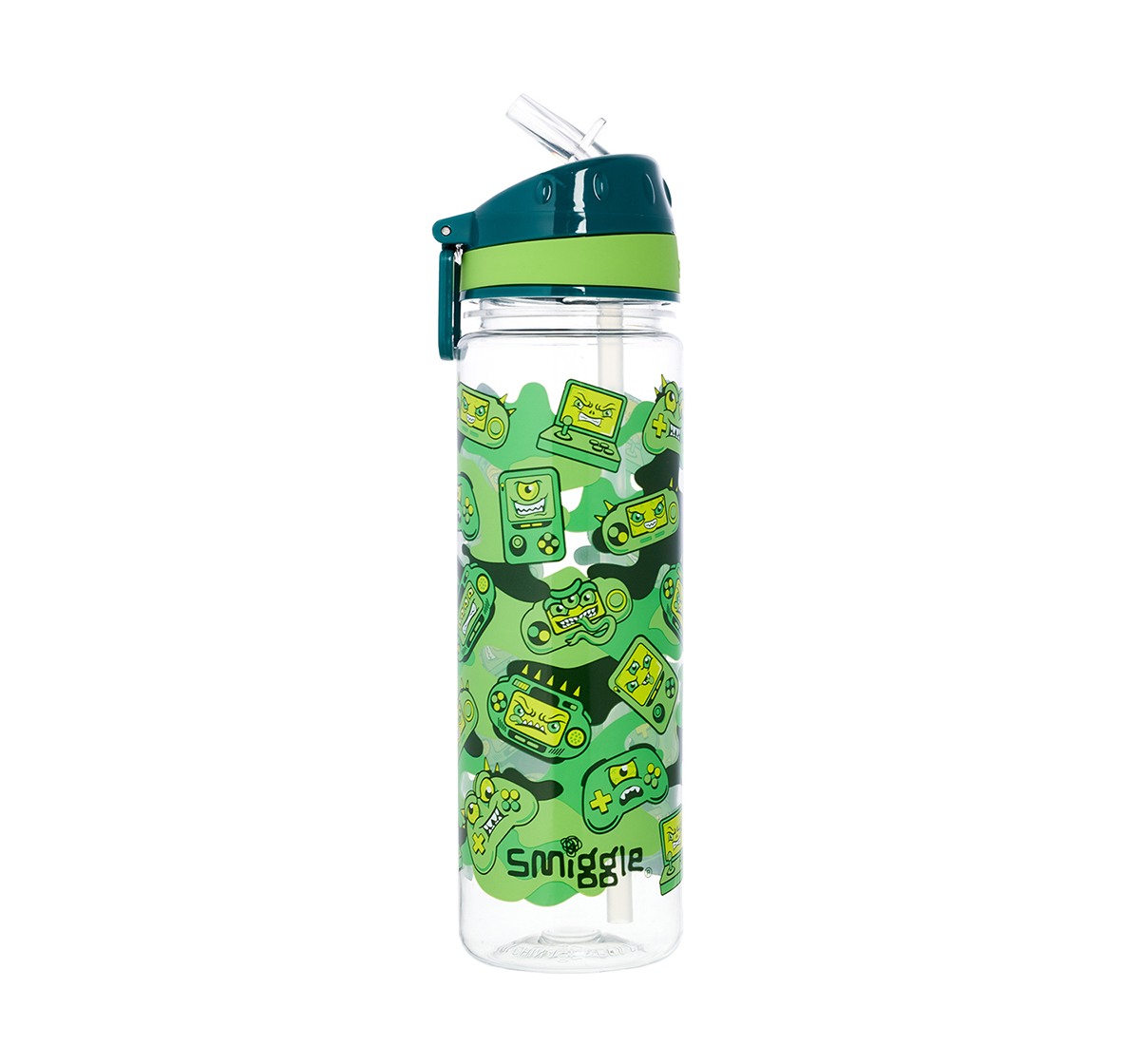 Smiggle Far Away Drink Bottle with Flip Top Spout - Gaming Print Bags for Kids age 3Y+ (Green)