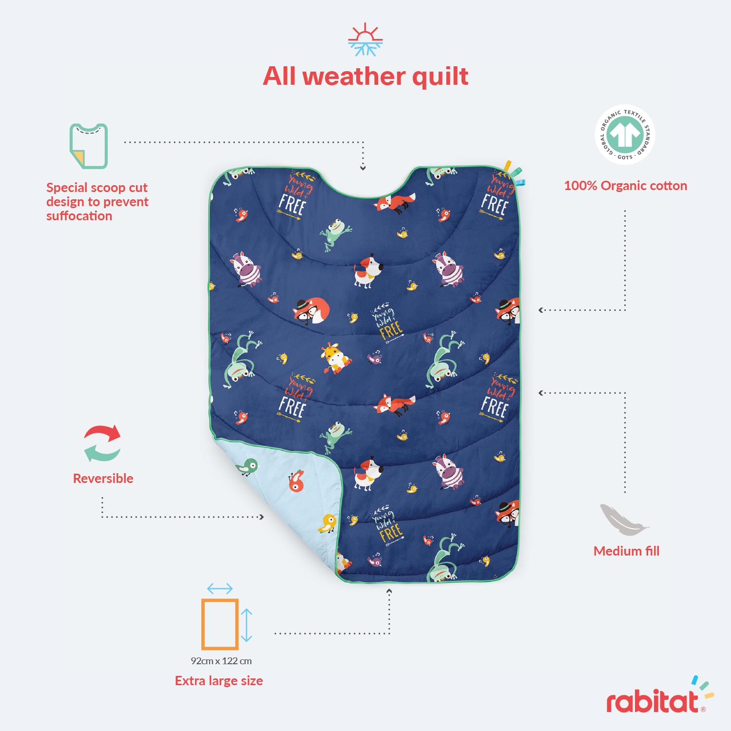 Mothercare | Rabitat 100% Organic Cotton All Weather Quilt - Young + Wild + Free 4