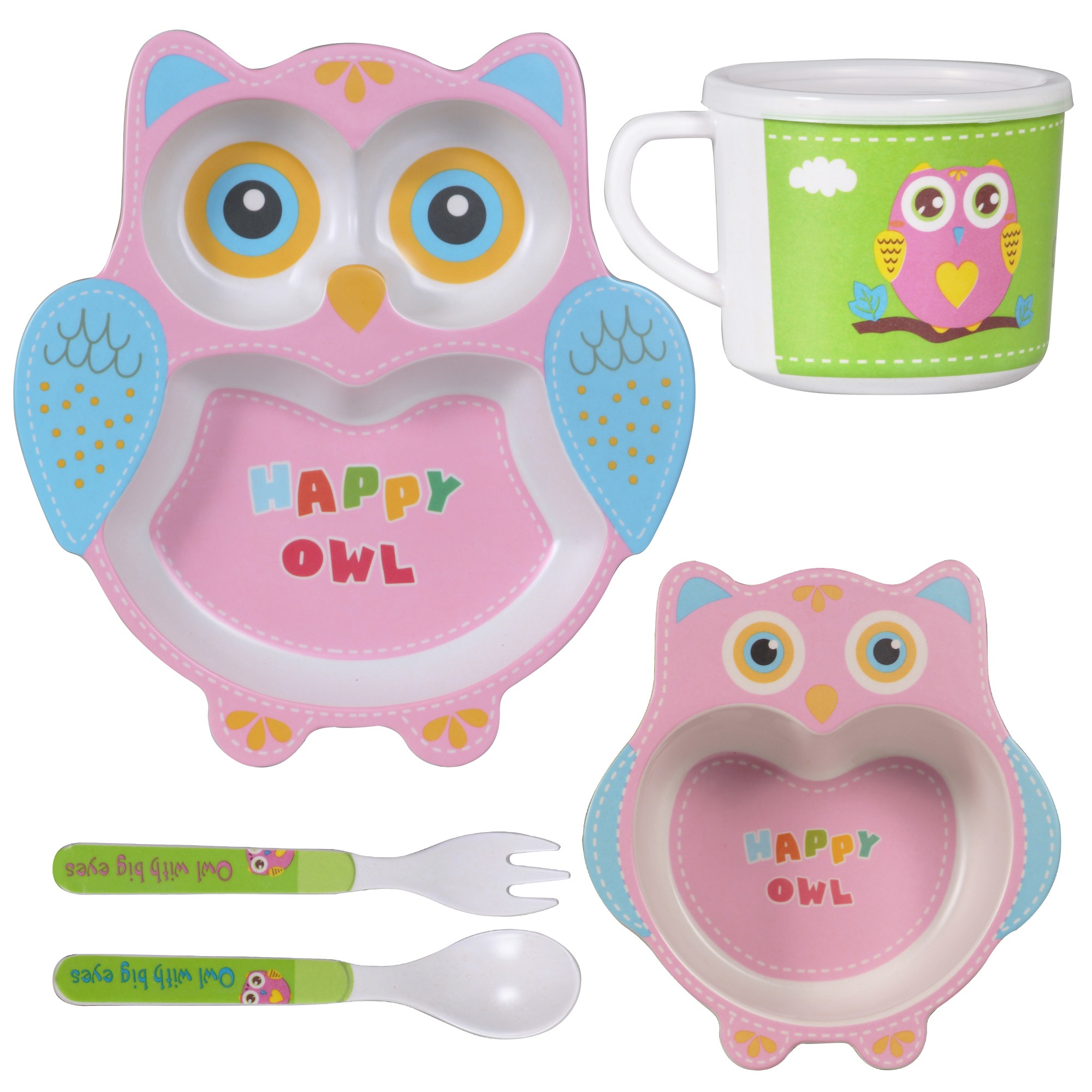 Polka Tots Eco-Friendly Bamboo Fiber Happy Owl Crockery Set