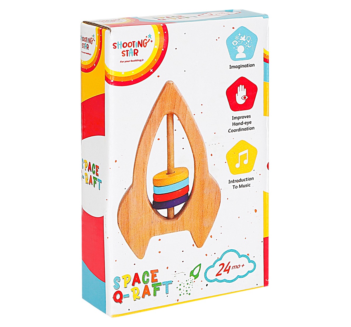 Shooting Star Wooden Rocket Rattle for kids 3Y+, Multicolour