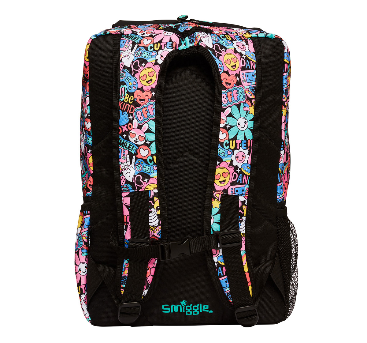 Smiggle Bright Side Foldover Attachable Colourful printed bag for Kids 3Y+, Black