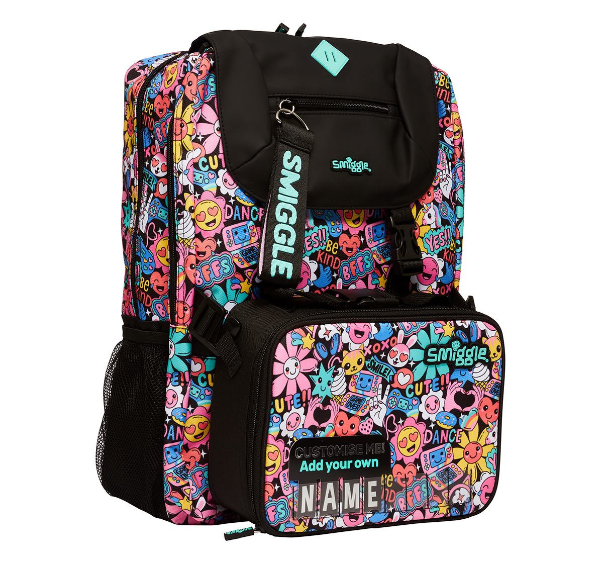 Smiggle Bright Side Foldover Attachable Colourful printed bag for Kids 3Y+, Black