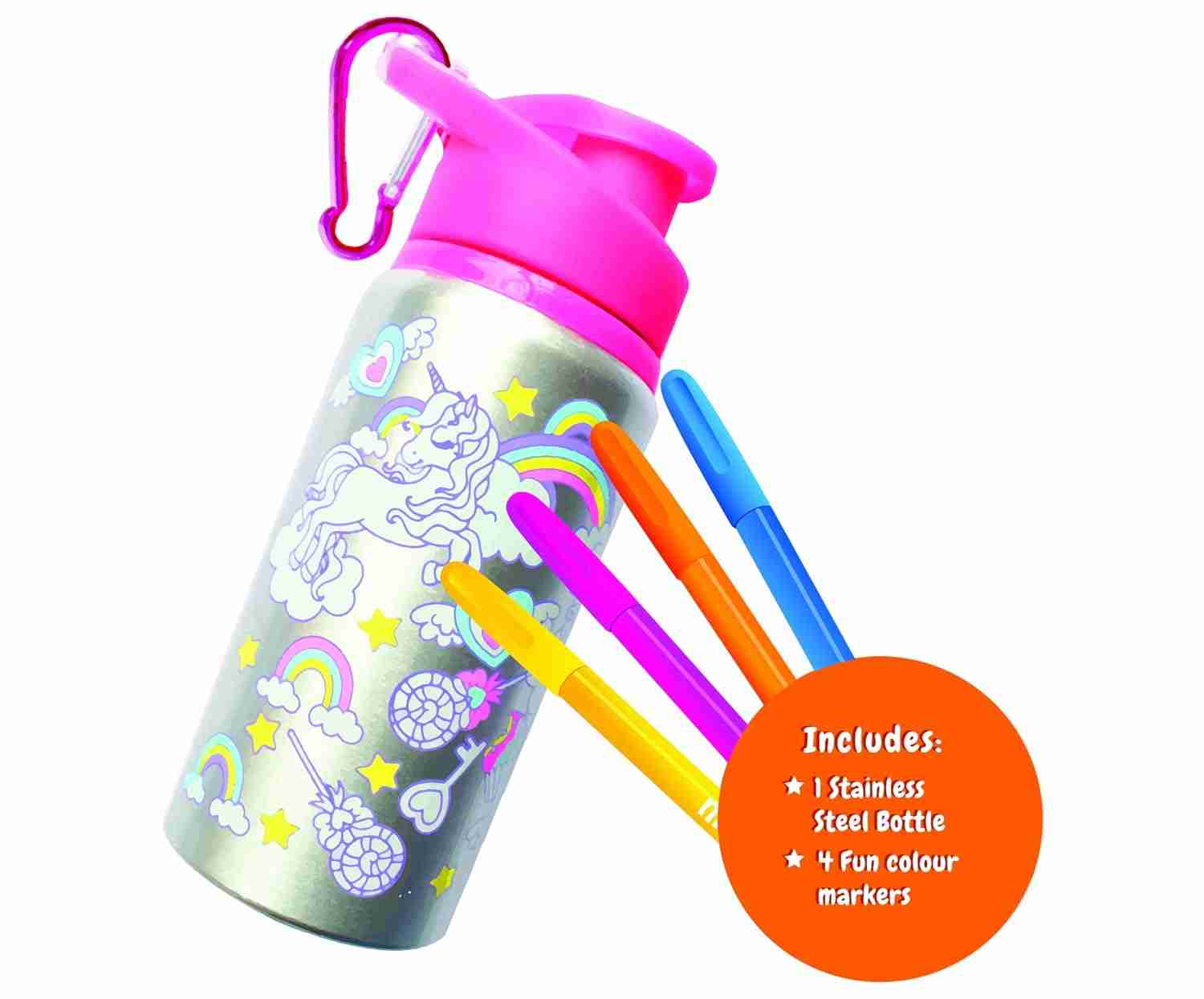 Colour Your Own Unicorn Stainless Steel Water Bottle by Mirada for Kids with 4 Fun Colour Markers, 6 Yrs +