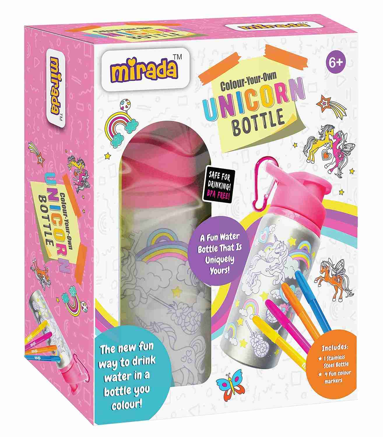 Colour Your Own Unicorn Stainless Steel Water Bottle by Mirada for Kids with 4 Fun Colour Markers, 6 Yrs +