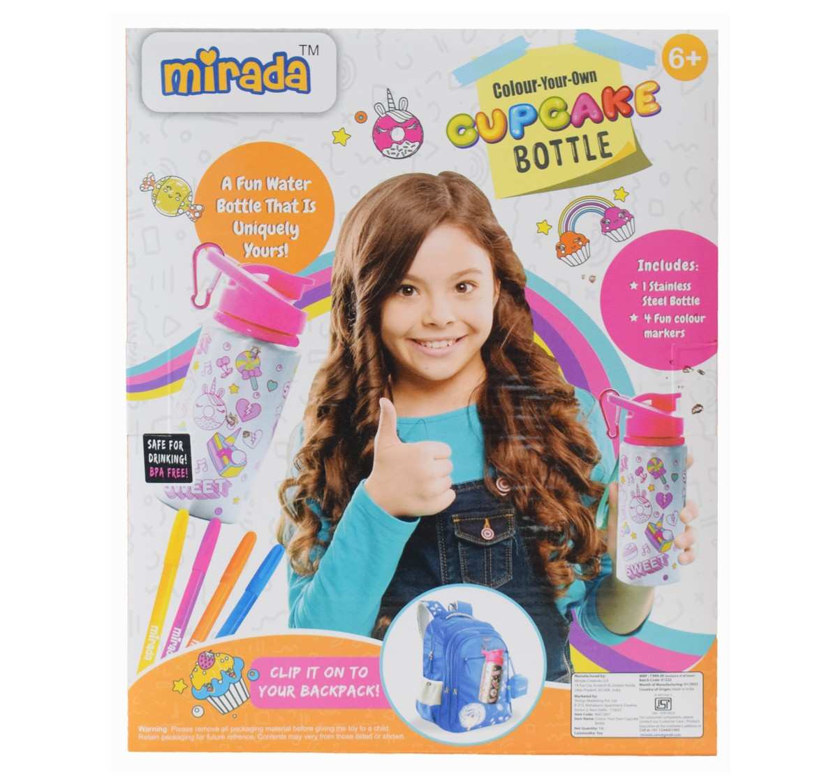 Colour Your Own Cupcake Stainless Steel Water Bottle by Mirada with Flip Lid for Kids with 4 Fun Colour Markers, 3 Years+