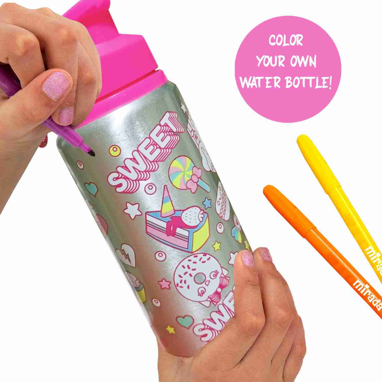 Colour Your Own Cupcake Stainless Steel Water Bottle by Mirada with Flip Lid for Kids with 4 Fun Colour Markers, 3 Years+