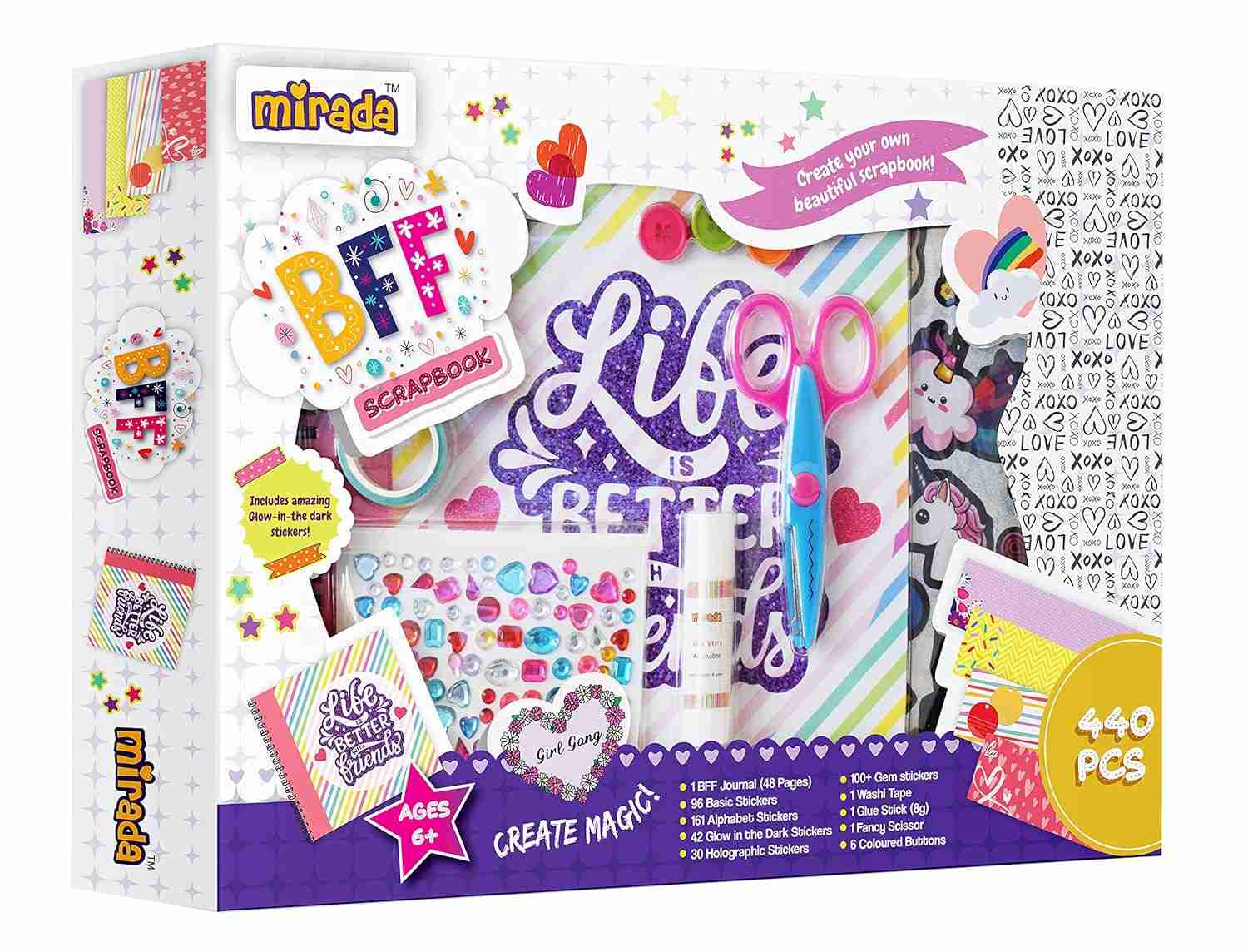 Create Your Own Scrapbook/BFF Diary by Mirada, Includes 440 Pcs & Glow In The Dark Stickers, Multicolour, 3 Years+