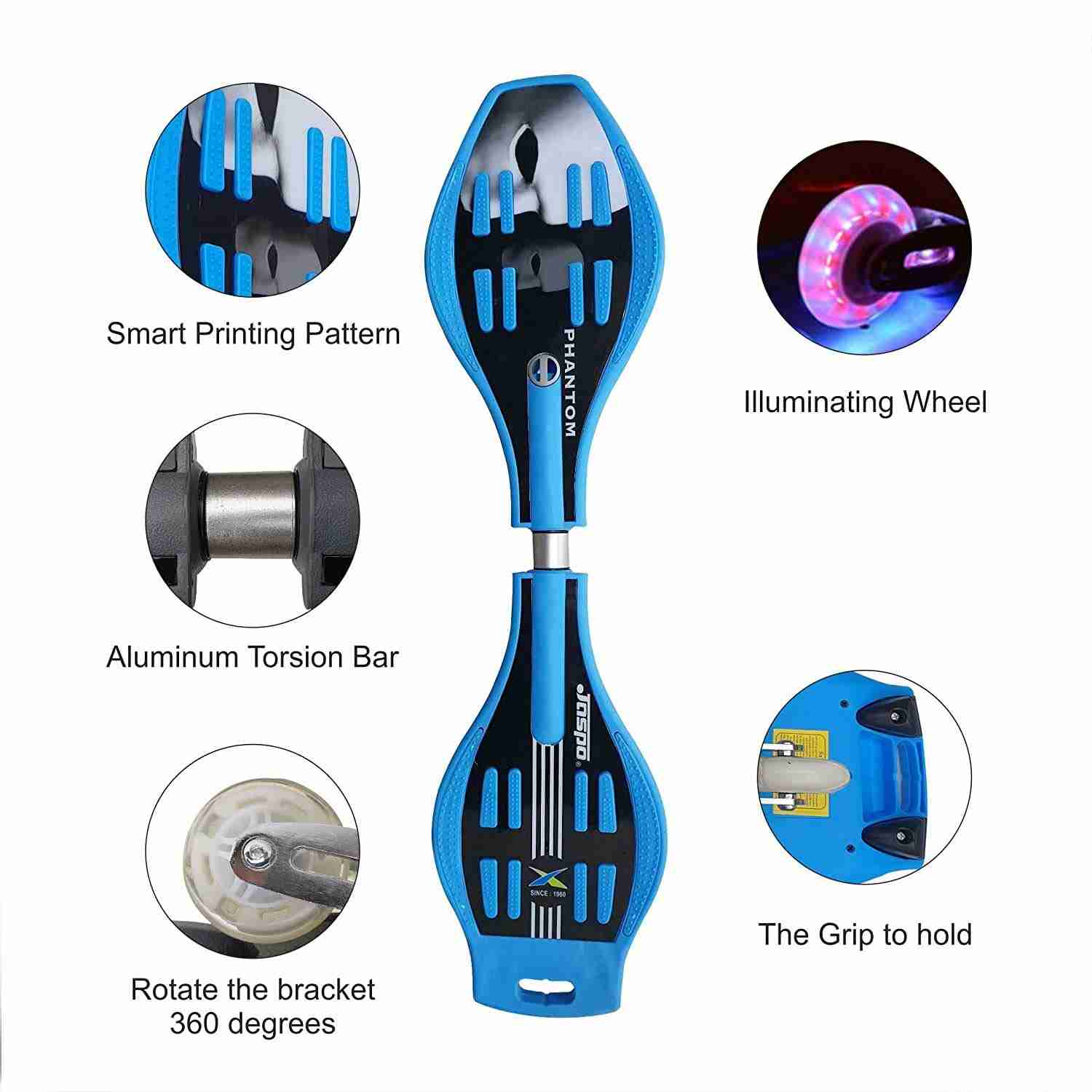 Jaspo 34 Inch X 9 Inch Waveboard Casterboard Balancing Board Heavy Duty Cruiser Skateboard With 80Mm Illuminating Pu Wheels Blue 6Y+