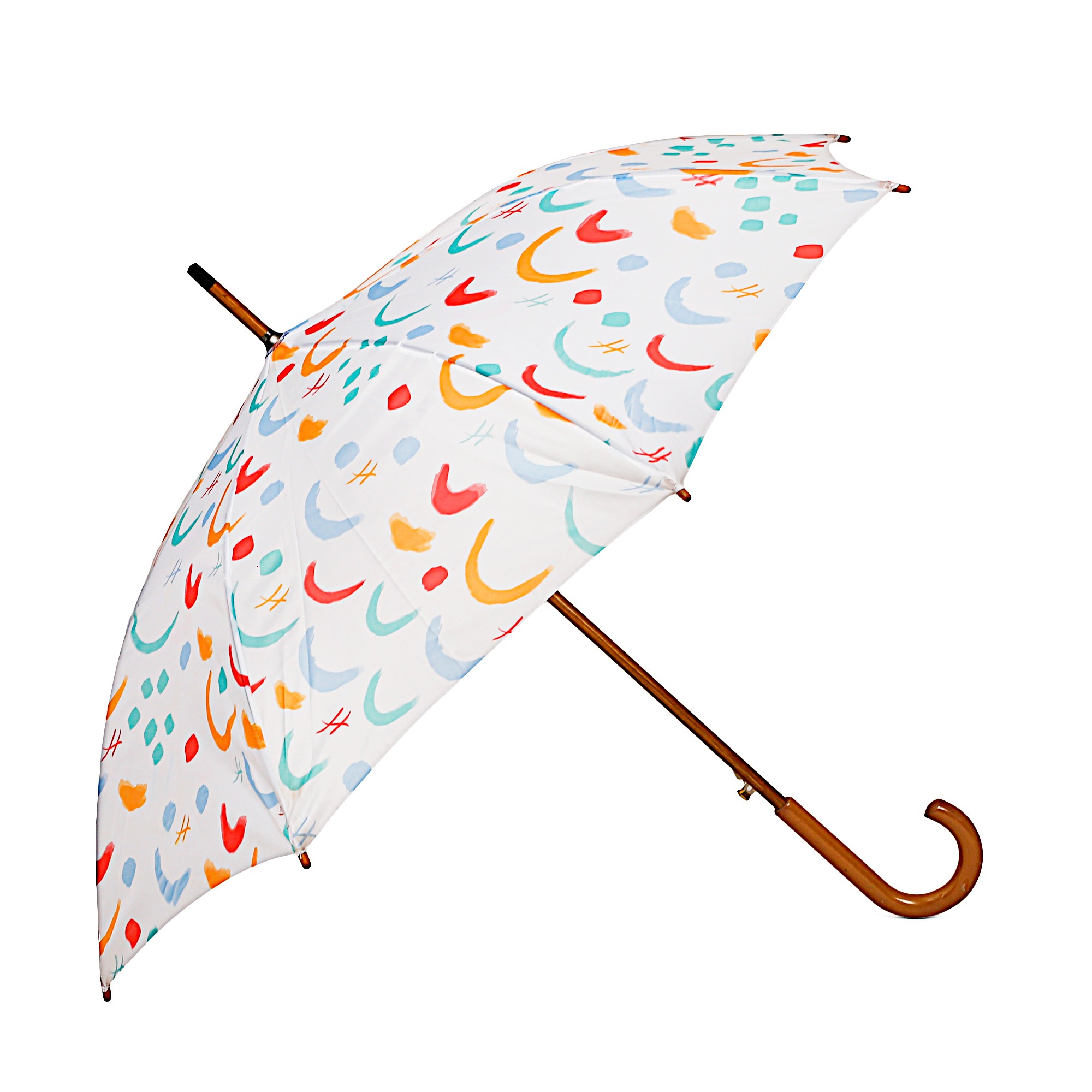 Hamleys London Rainbow Print 28 inches Single Fold Rain Umbrella with Wooden Bend Handle and Auto Open Long Umbrellas, Kids for 5Y+, White