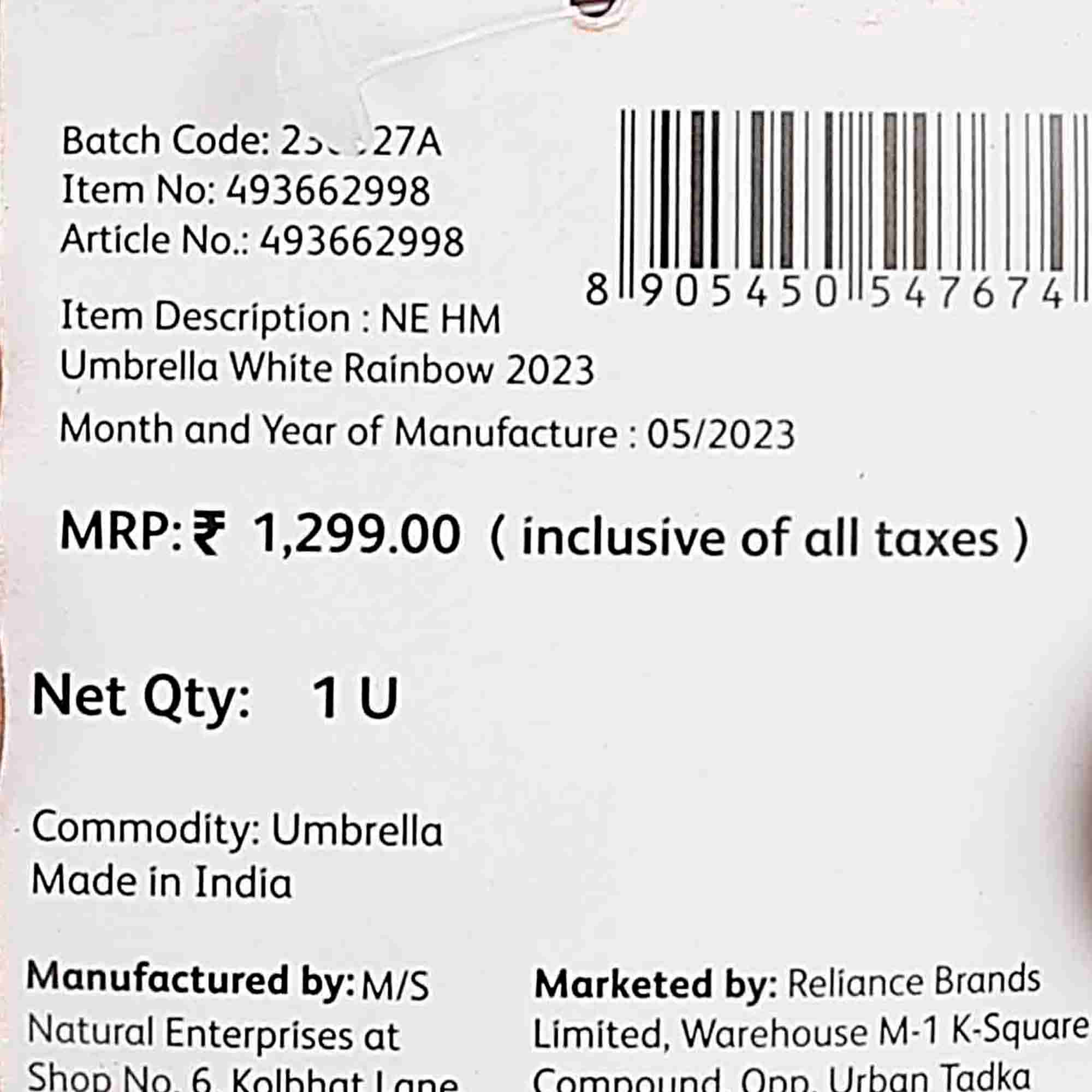 Hamleys London Rainbow Print 28 inches Single Fold Rain Umbrella with Wooden Bend Handle and Auto Open Long Umbrellas, Kids for 5Y+, White