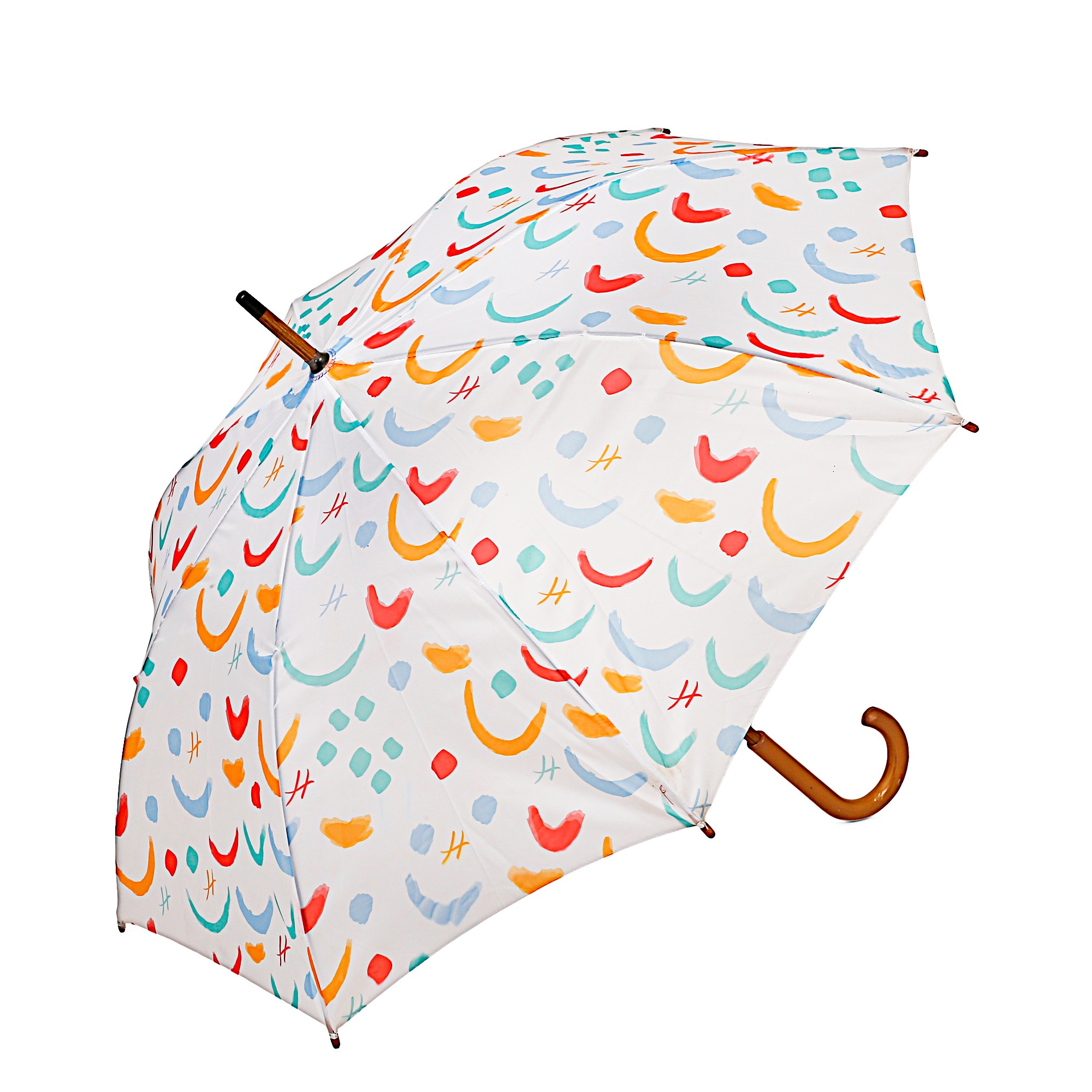 Hamleys London Rainbow Print 28 inches Single Fold Rain Umbrella with Wooden Bend Handle and Auto Open Long Umbrellas, Kids for 5Y+, White