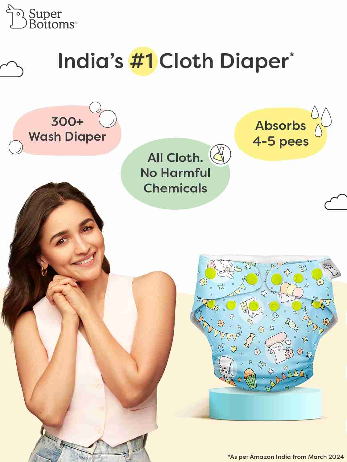 Supper Bottoms Freesize UNO Advanced Cloth Diapers for Babies 3 Months - 3 Years l High Absorbent 100% Cotton Reusable Diaper for New Born Baby l 2 Washable Diaper and 2 Insert Pads | Reduces Rash