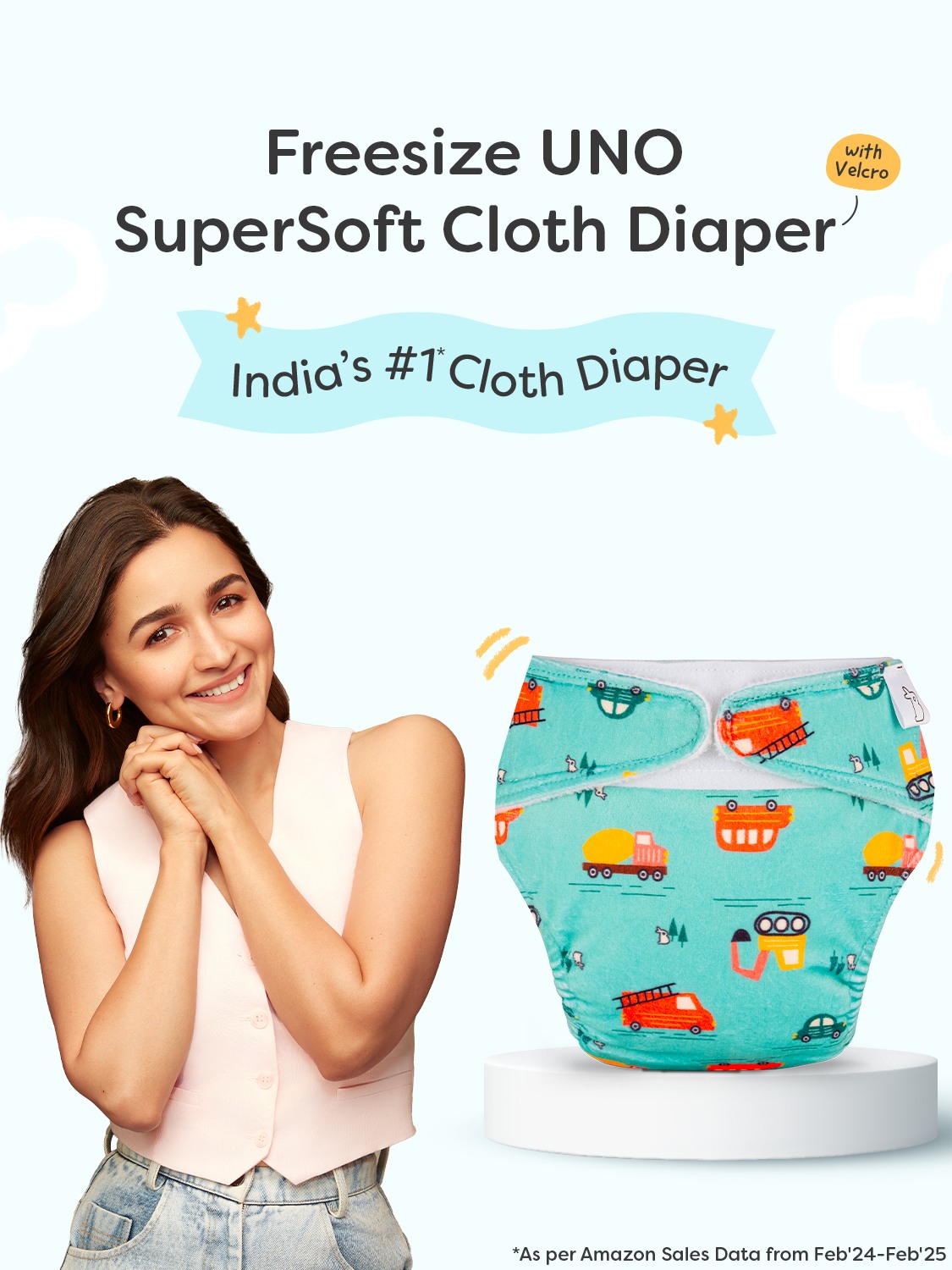 Supper Bottoms Freesize UNO SuperSoft Cloth Diaper (with Velcro) | Reusable, Adjustable Cloth Diaper for Babies | Dry Feel Comfort | Fits from 3 Months to 3 Years | Washable & Rash-Free | Little Wheels