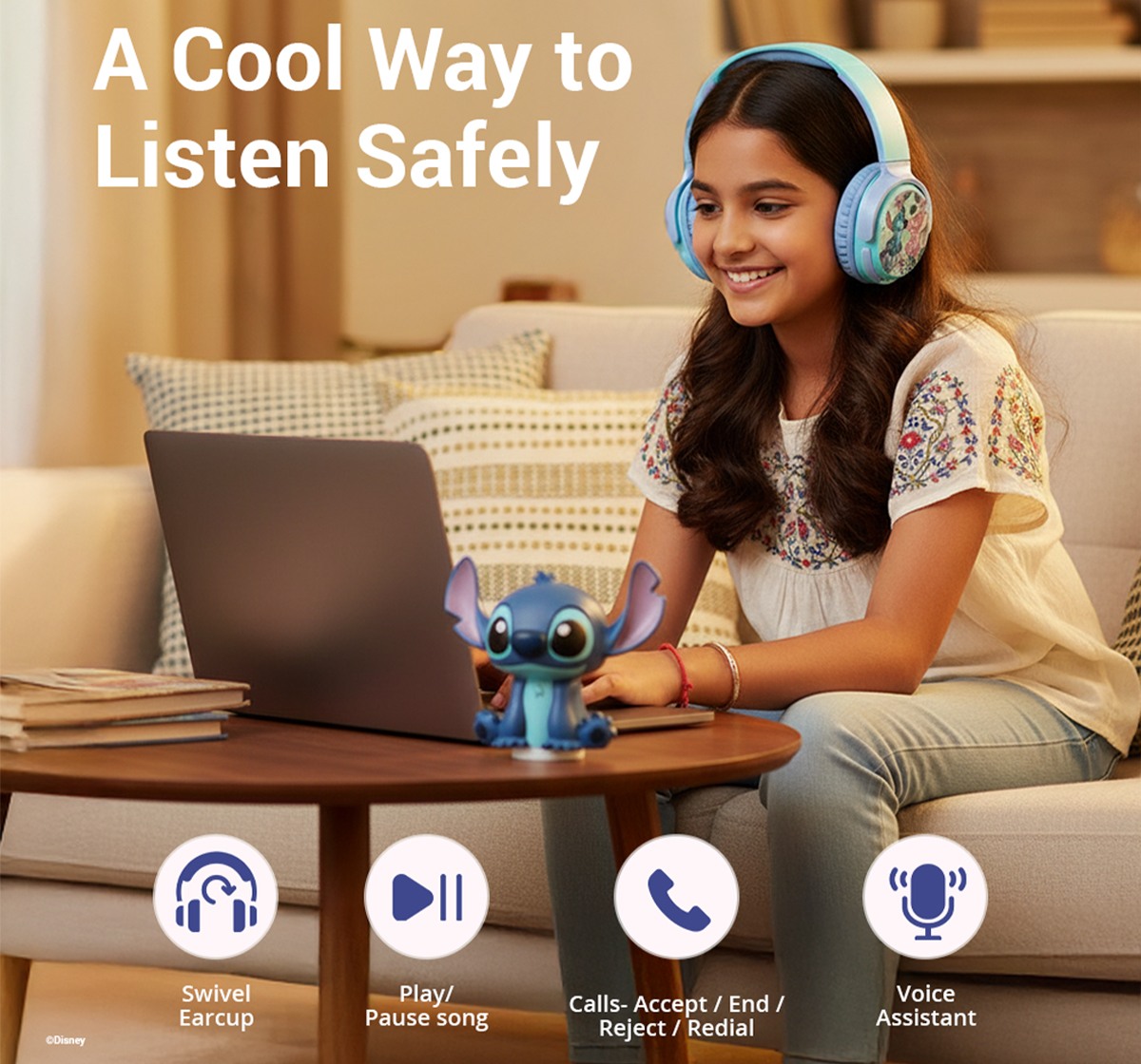Disney Stitch Bluetooth Headphones with Mood Light Gift Set, Kids