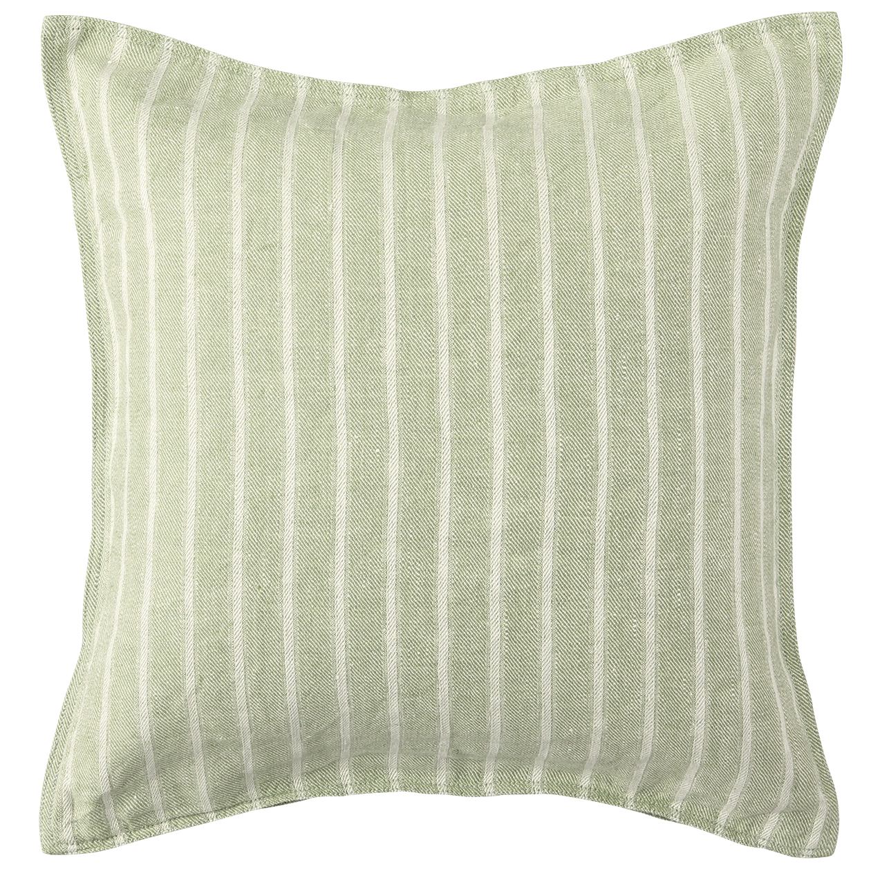 WASHED LINEN TWILL CUSHION COVER LIGHT GREEN STRIPE