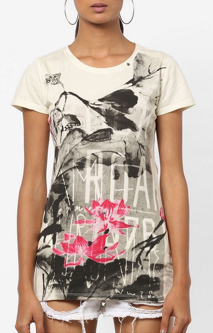 GAS | Slim Fit Round Neck Half Sleeves Printed Halis Flowers Rock Top