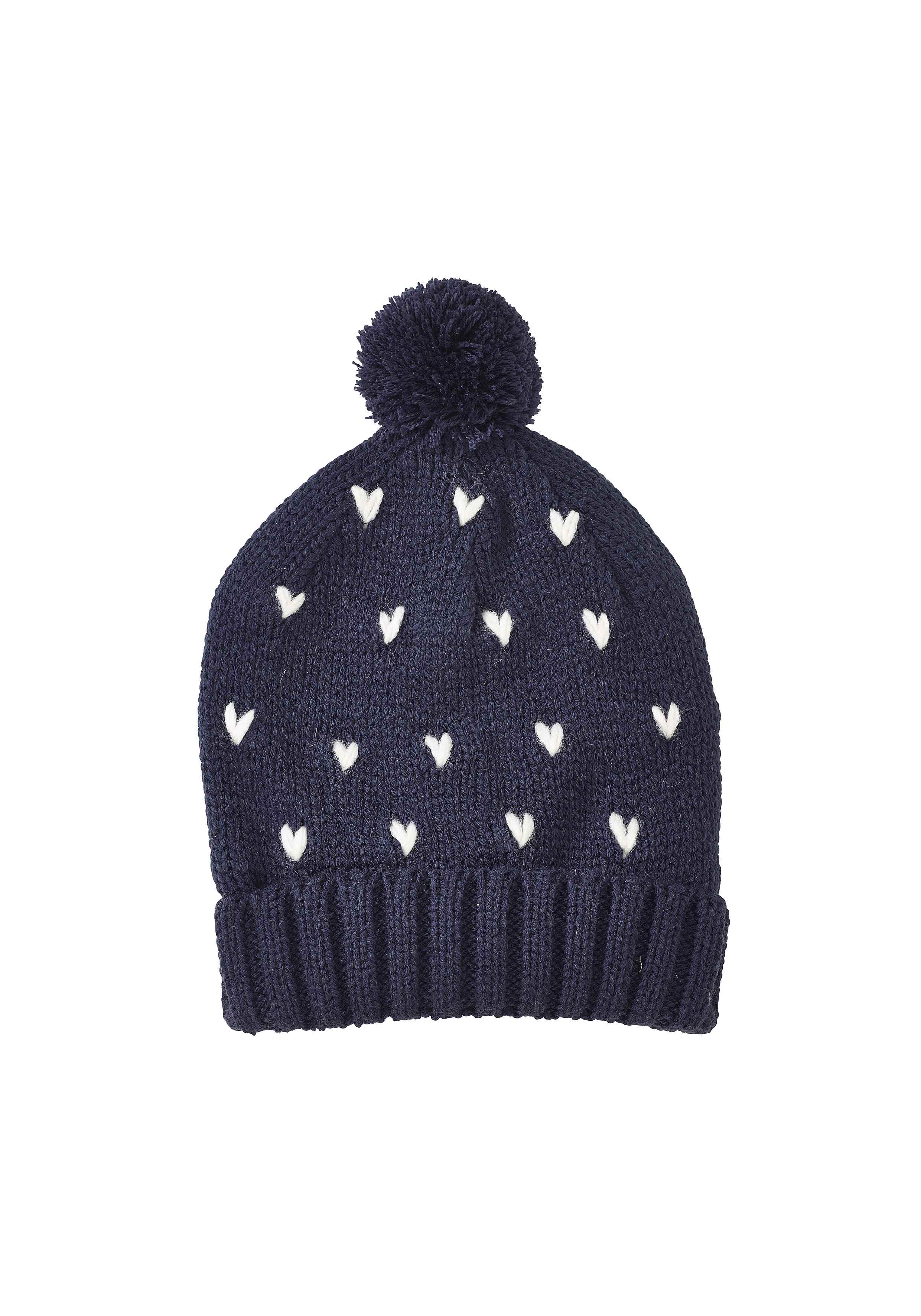 Girls Pom Pom Beanie Heart Design - Navy