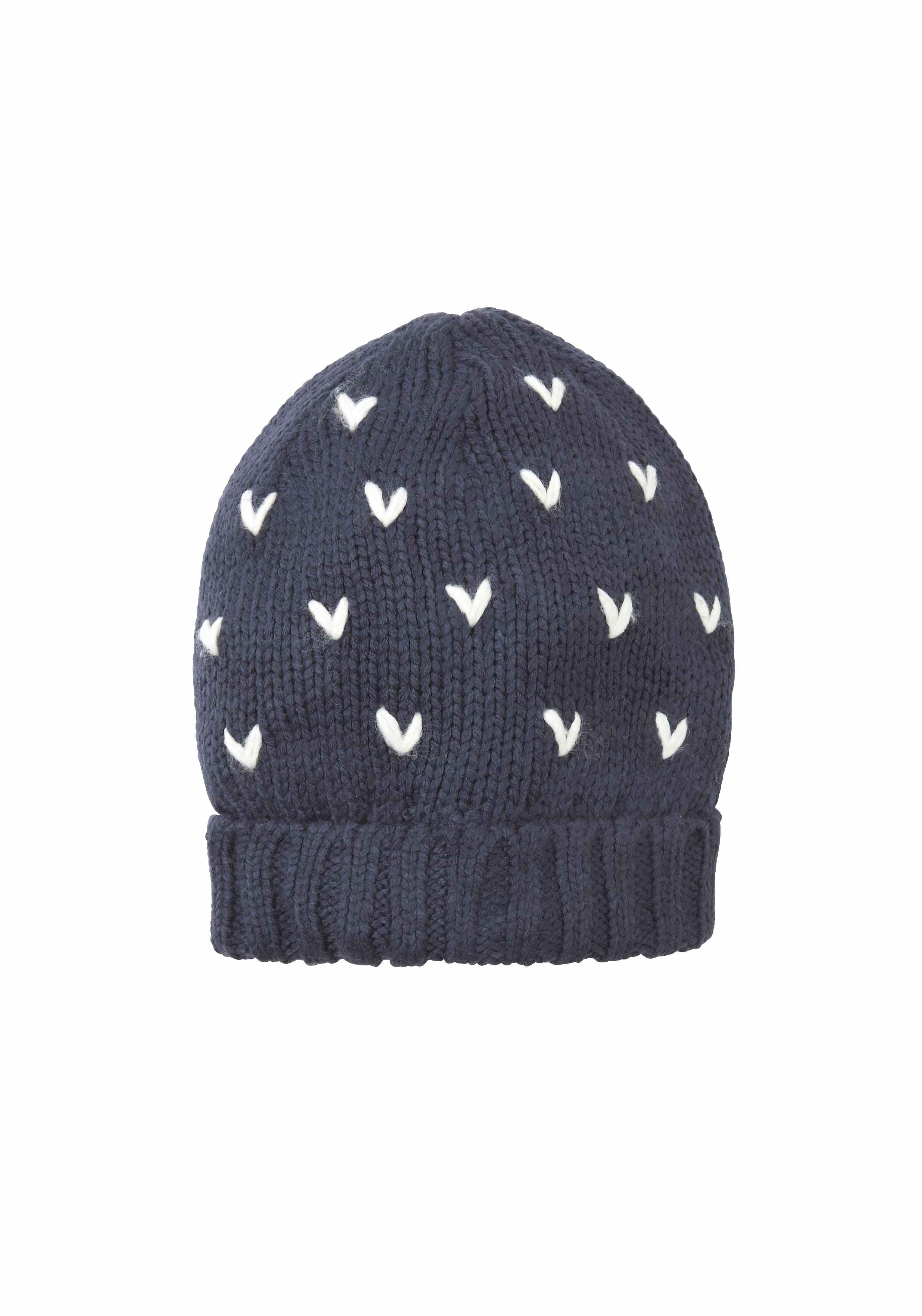 Girls Pom Pom Beanie Heart Design - Navy