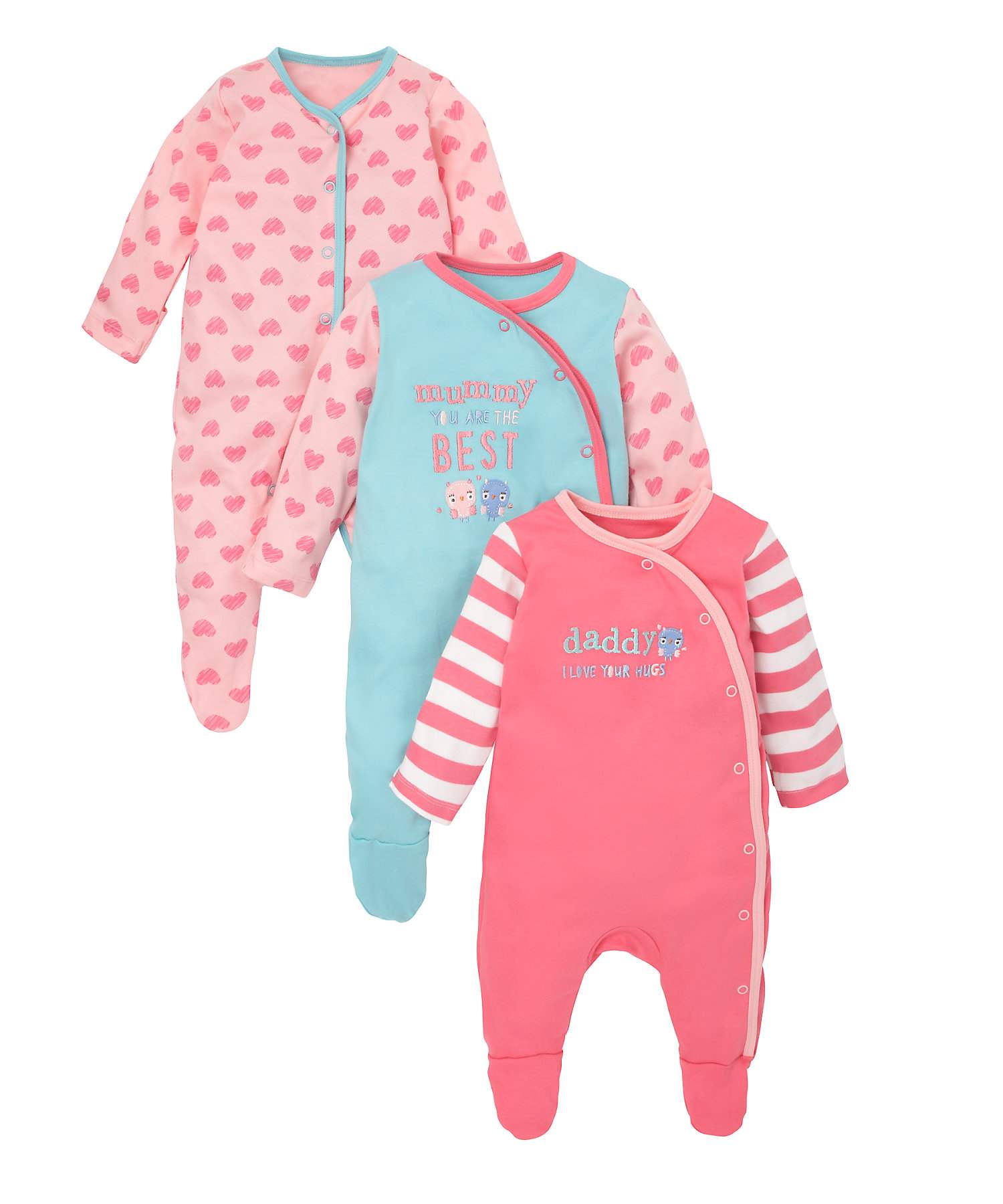 Girls Full Sleeves Sleepsuit Embroidered - Pack Of 3 - Pink