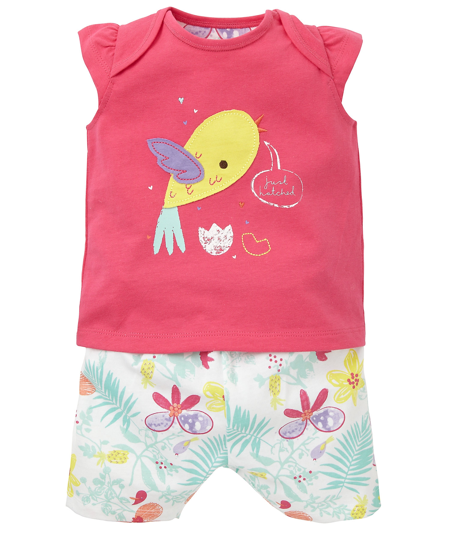 Mothercare | Girls Half Sleeves Shortie Pyjama Set Bird Patchwork - Pink 0