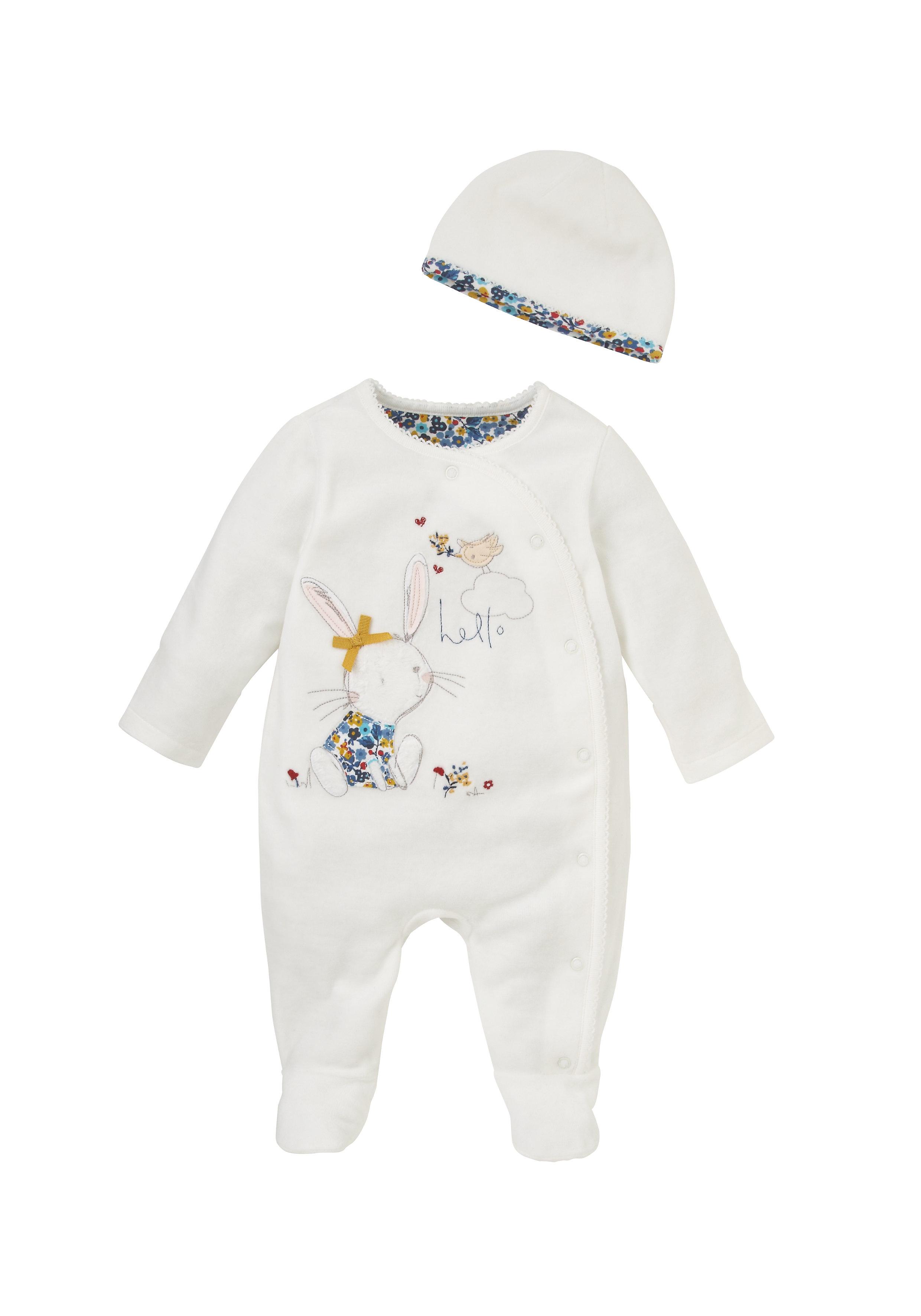 Mothercare | Girls Full Sleeves Romper With Hat Bunny Patchwork - Cream 0