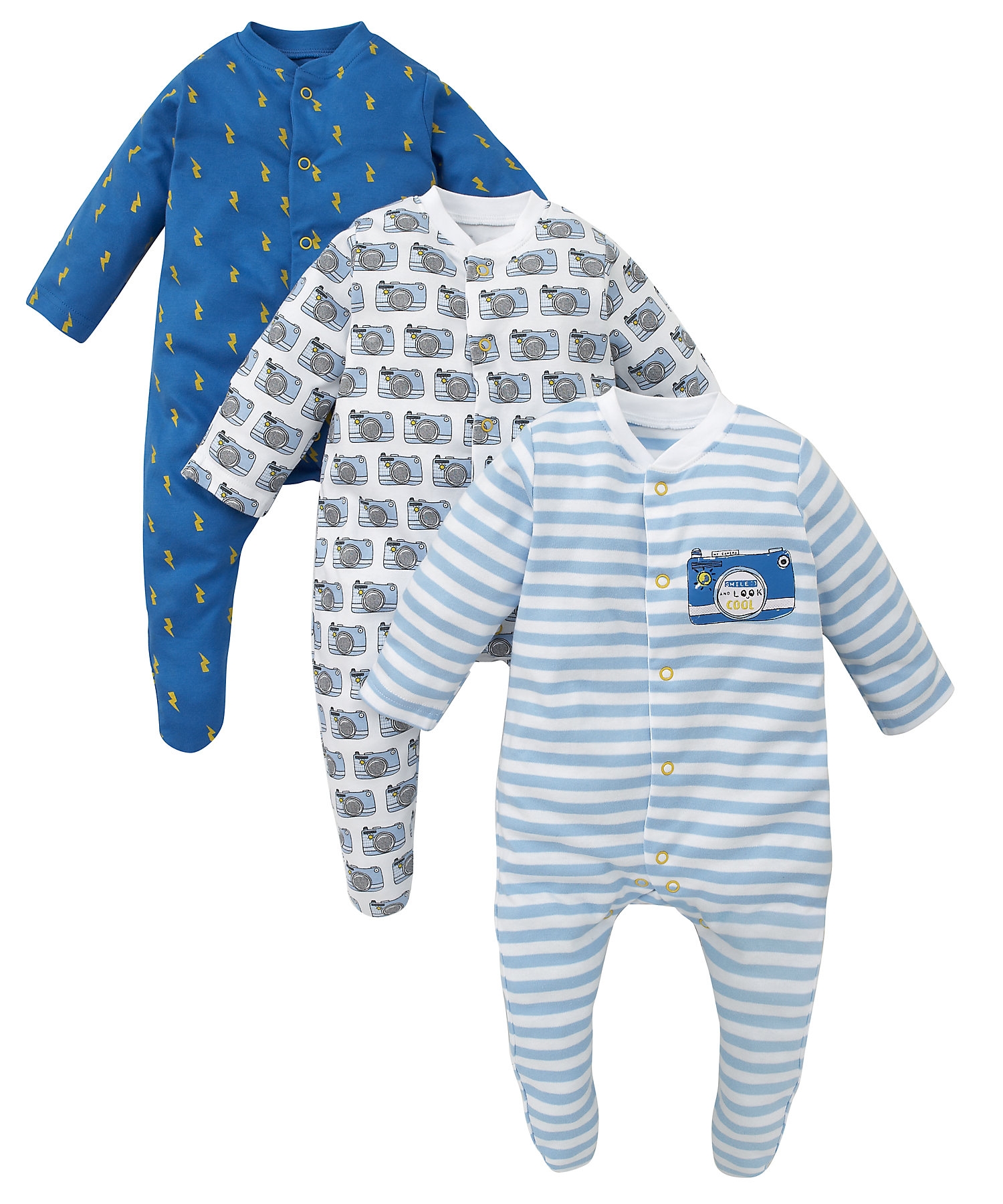 Mothercare | Boys Full Sleeves Sleepsuits - Pack of 3 - Multicolor 0