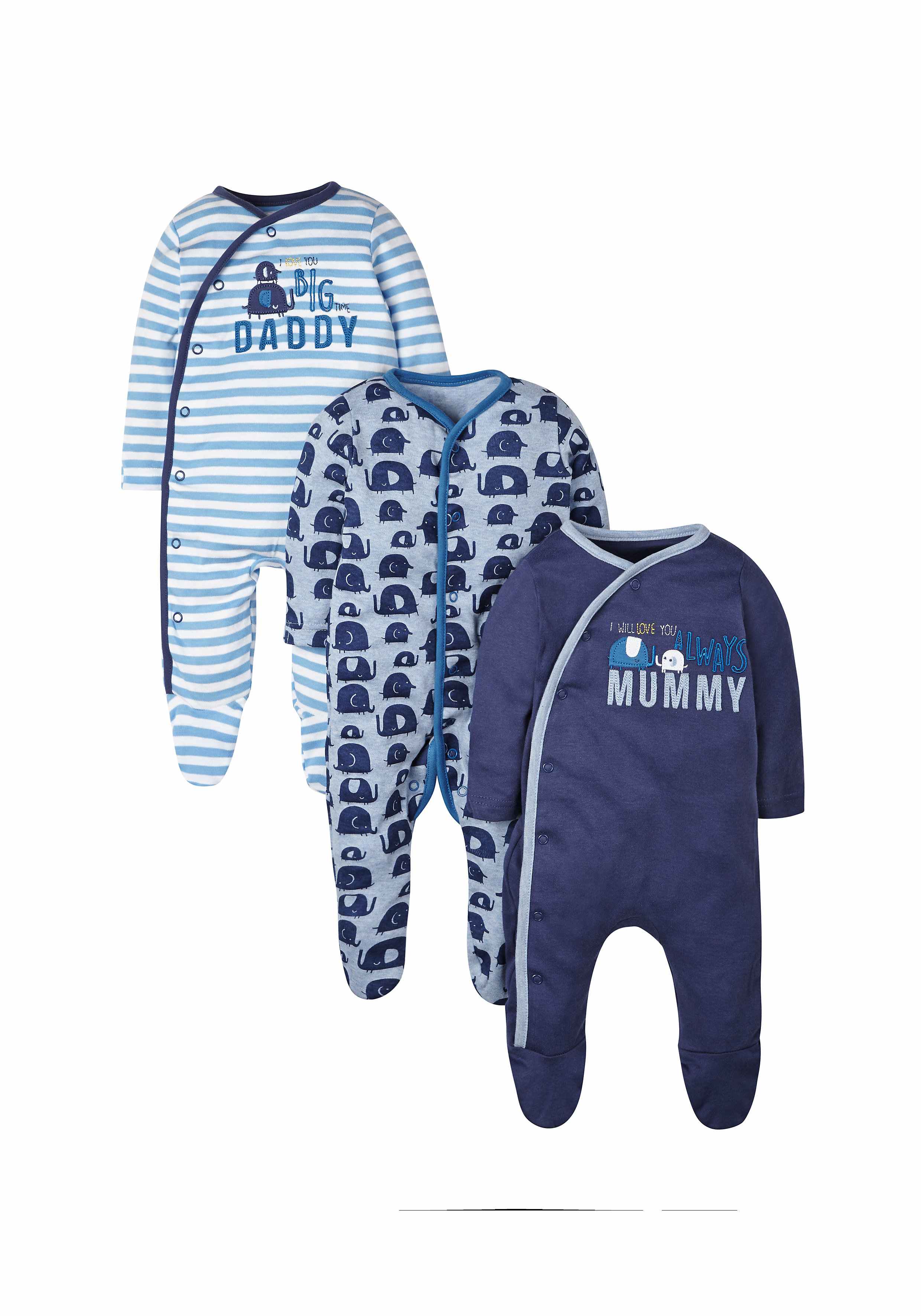 Boys Full Sleeves Striped And Printed Sleepsuit - Pack Of 3 - Blue