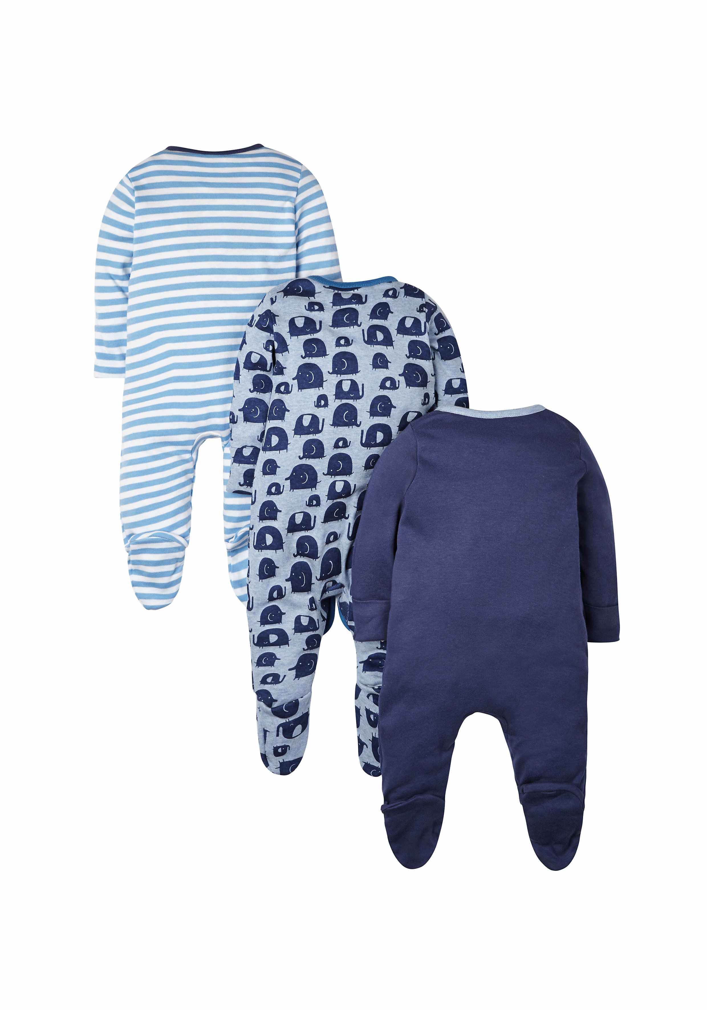 Boys Full Sleeves Striped And Printed Sleepsuit - Pack Of 3 - Blue
