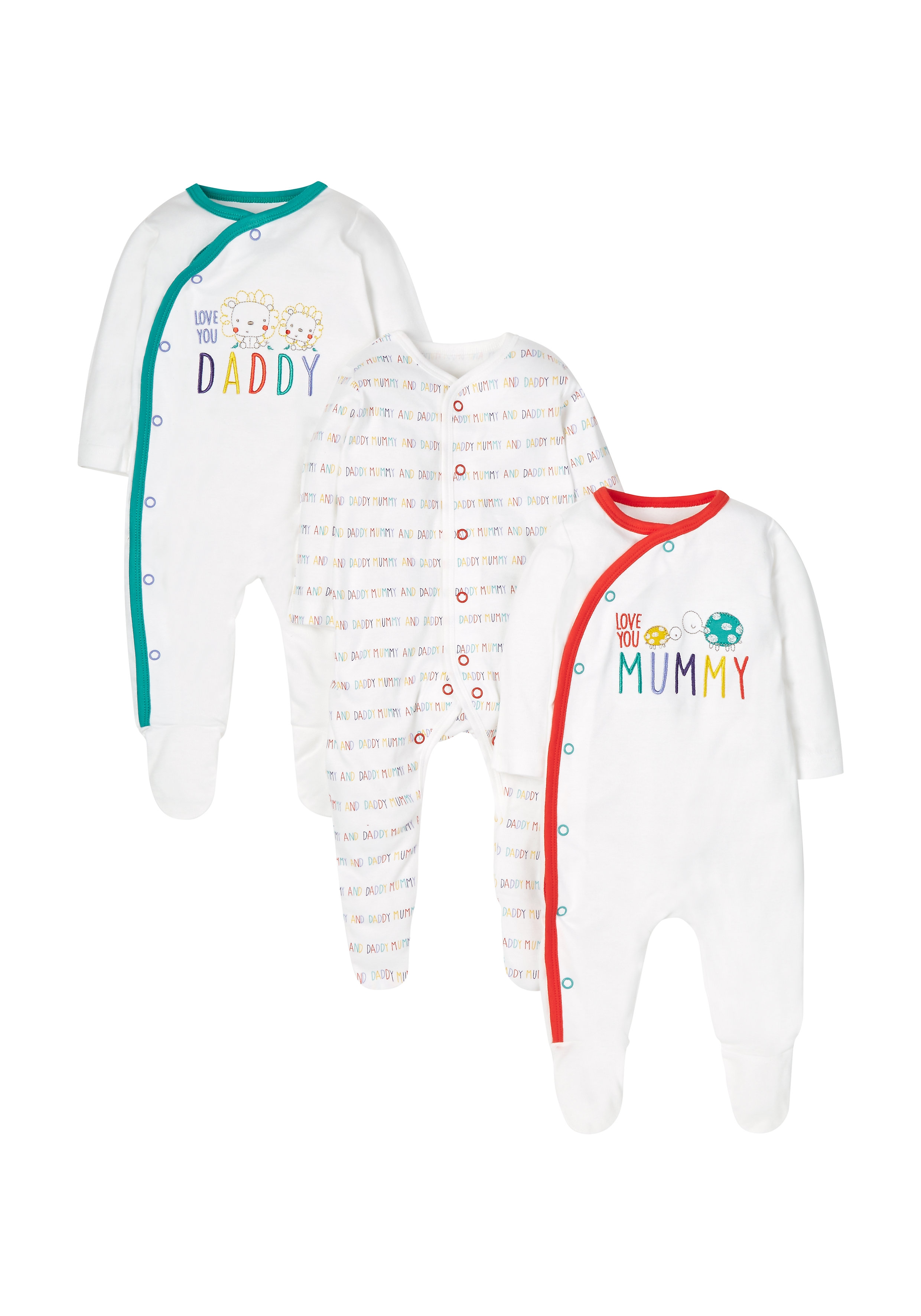 Mothercare | Unisex Full Sleeves Text Print Sleepsuit - Pack Of 3 - White 0