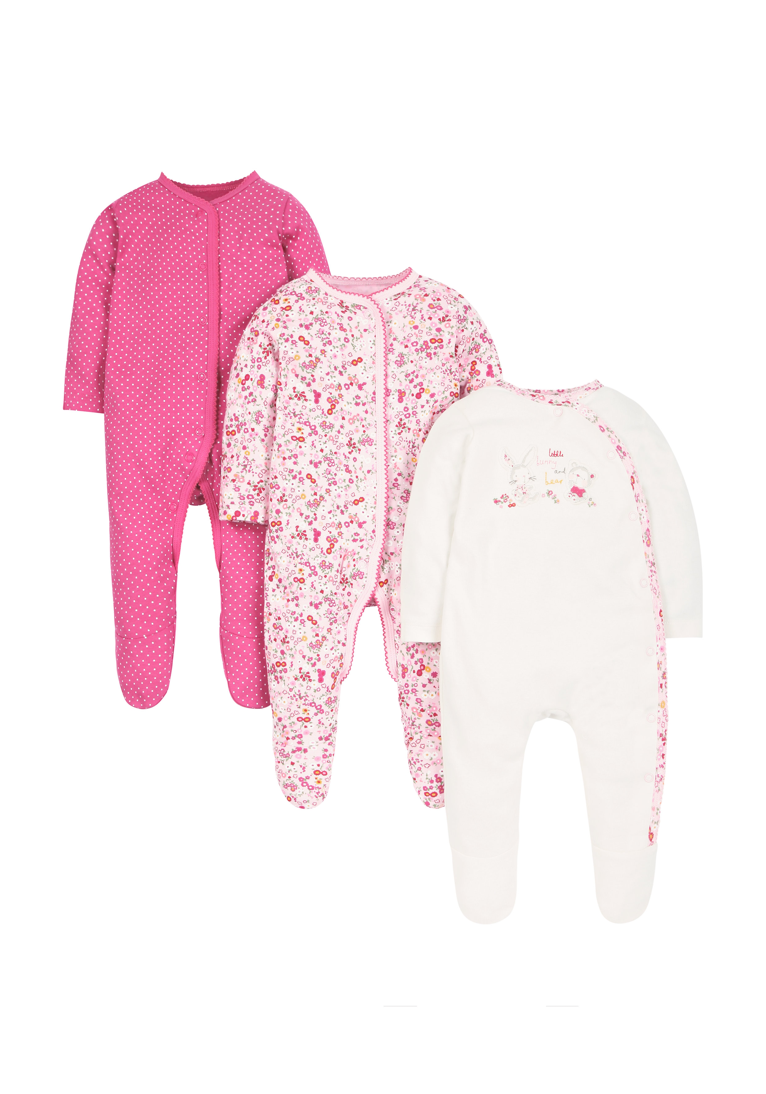 Mothercare | Girls Bear And Bunny Sleepsuits - Pack Of 3 - Pink 0