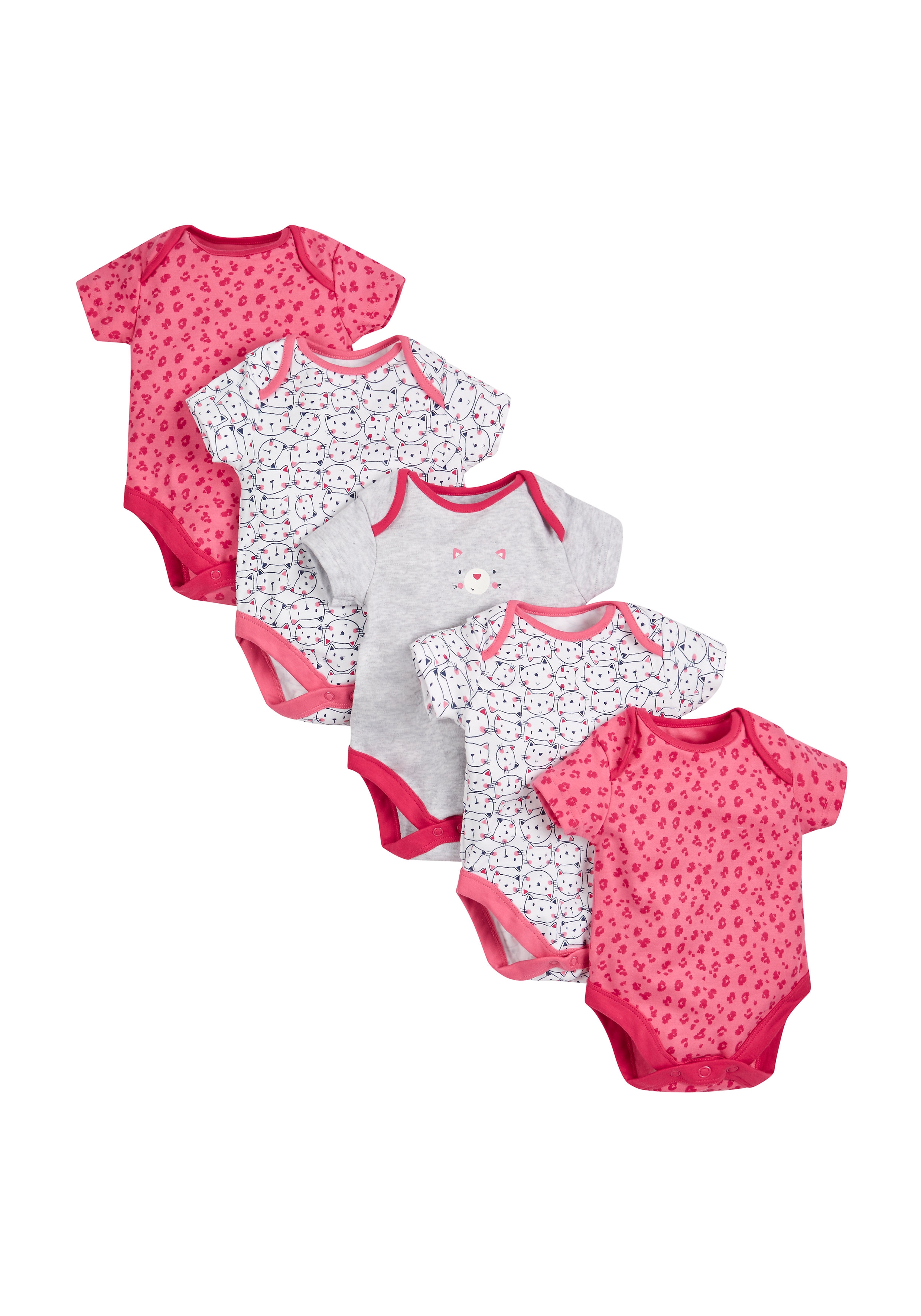 Mothercare | Girls Cat Bodysuits - Pack Of 5 - Pink 0